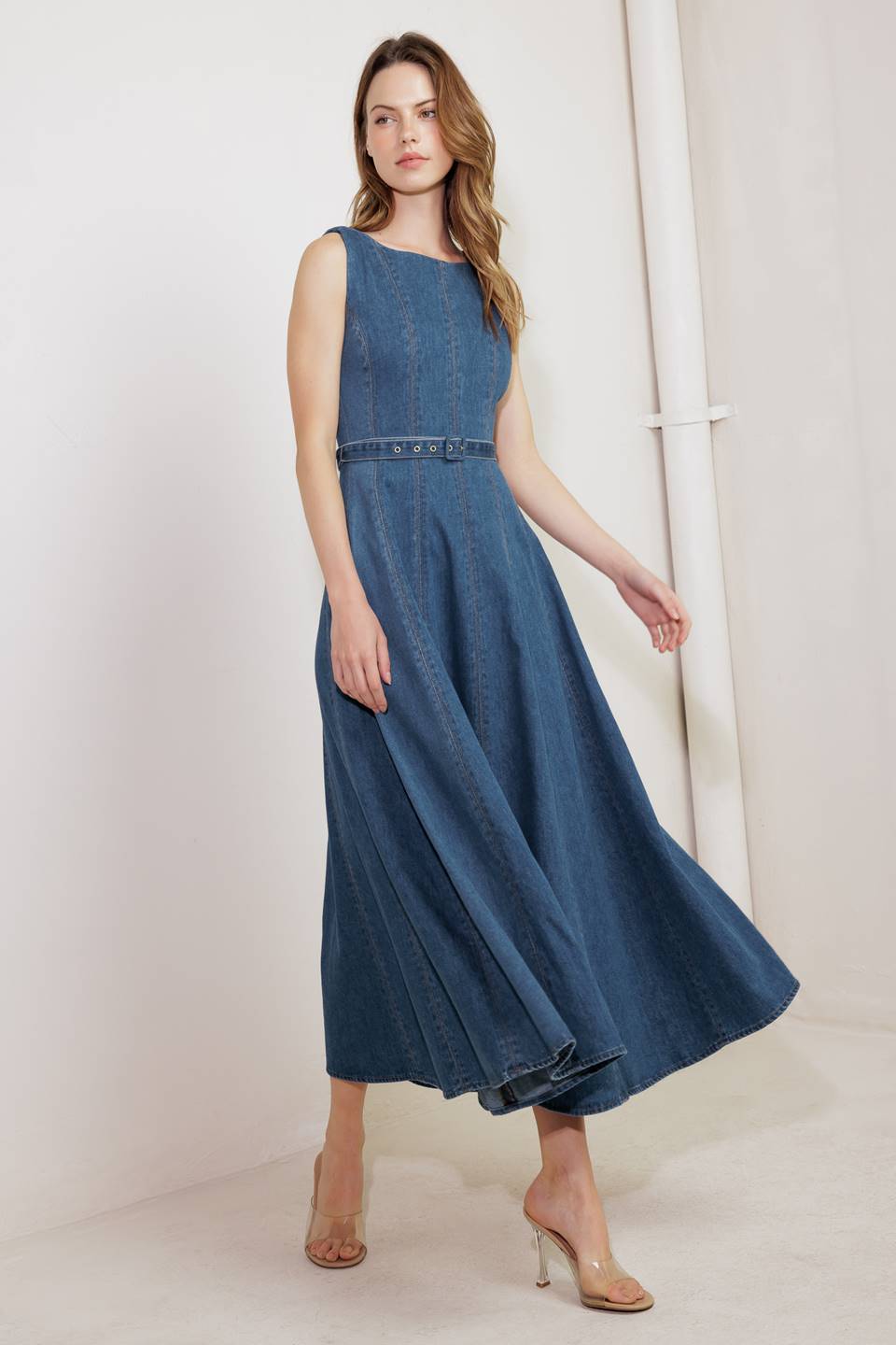 LETTIE DENIM MIDI DRESS - Washed Denim Midi Dress with Boat Neckline-Vavasi