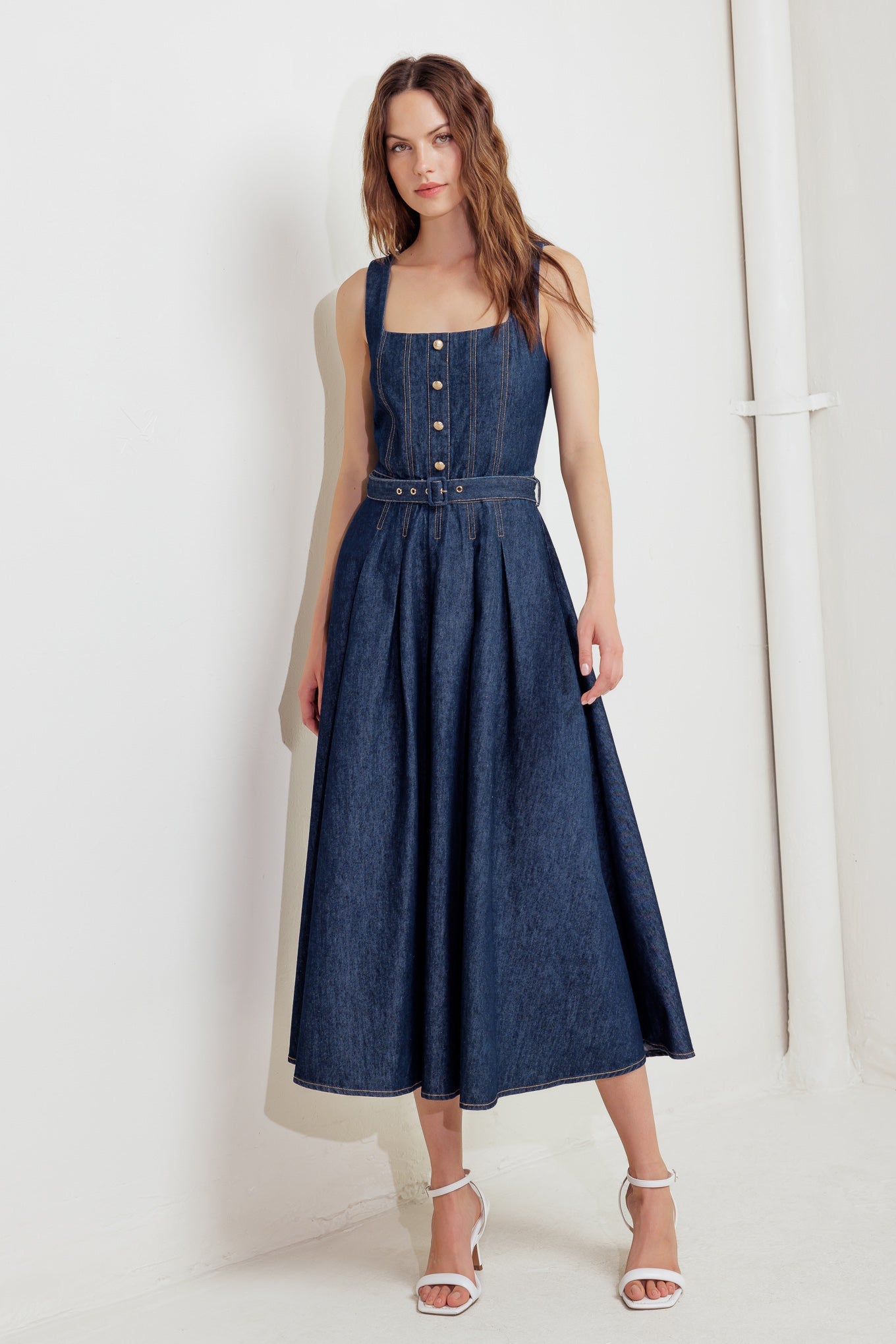 MOONLIGHT SERENADE DARK DENIM MIDI DRESS-Vavasi