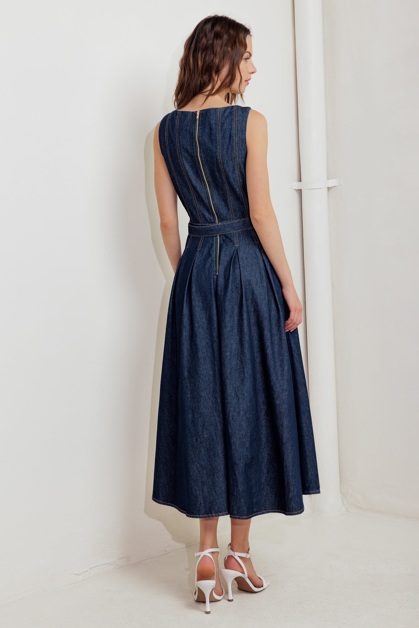MOONLIGHT SERENADE DARK DENIM MIDI DRESS-Vavasi