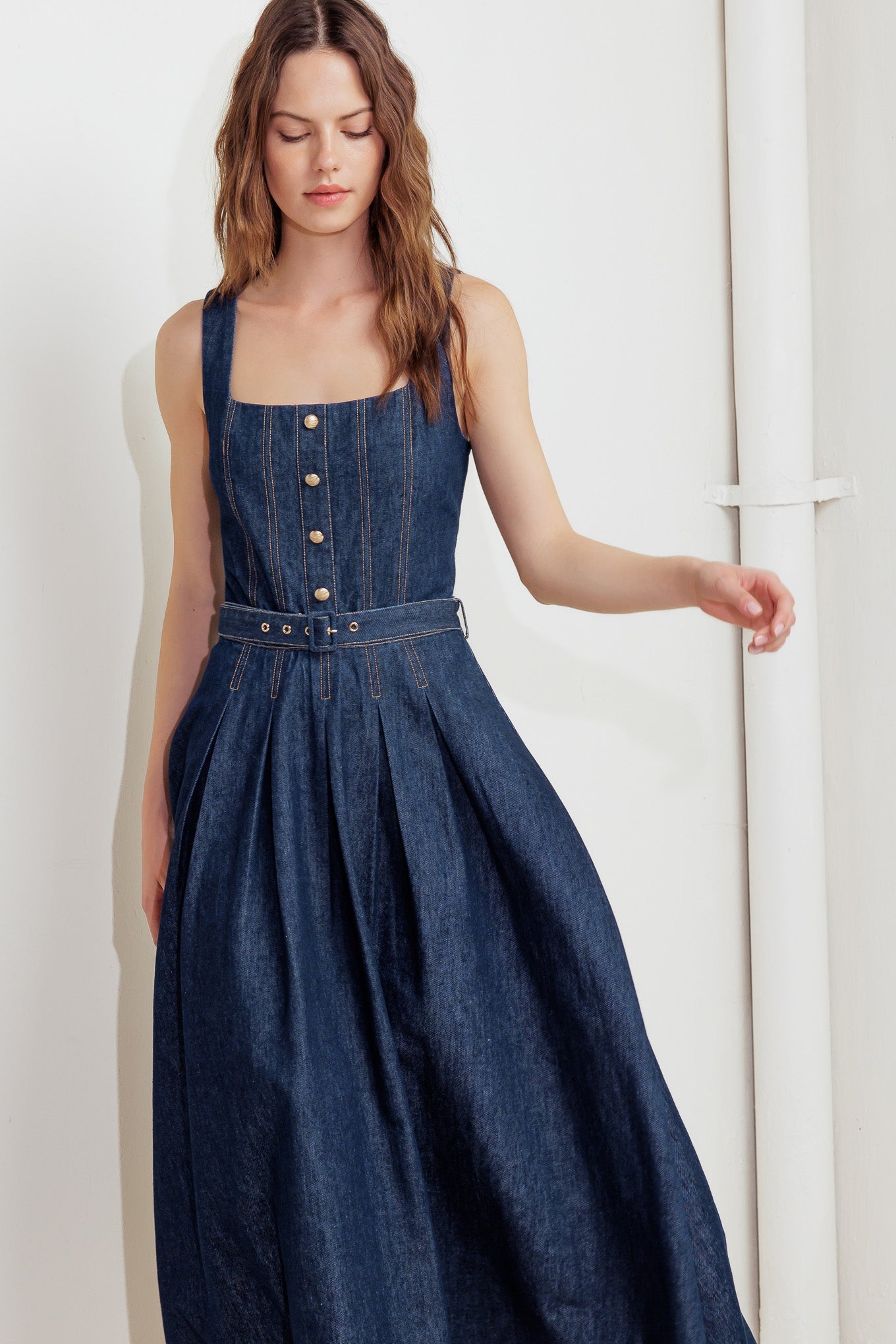 MOONLIGHT SERENADE DARK DENIM MIDI DRESS-Vavasi