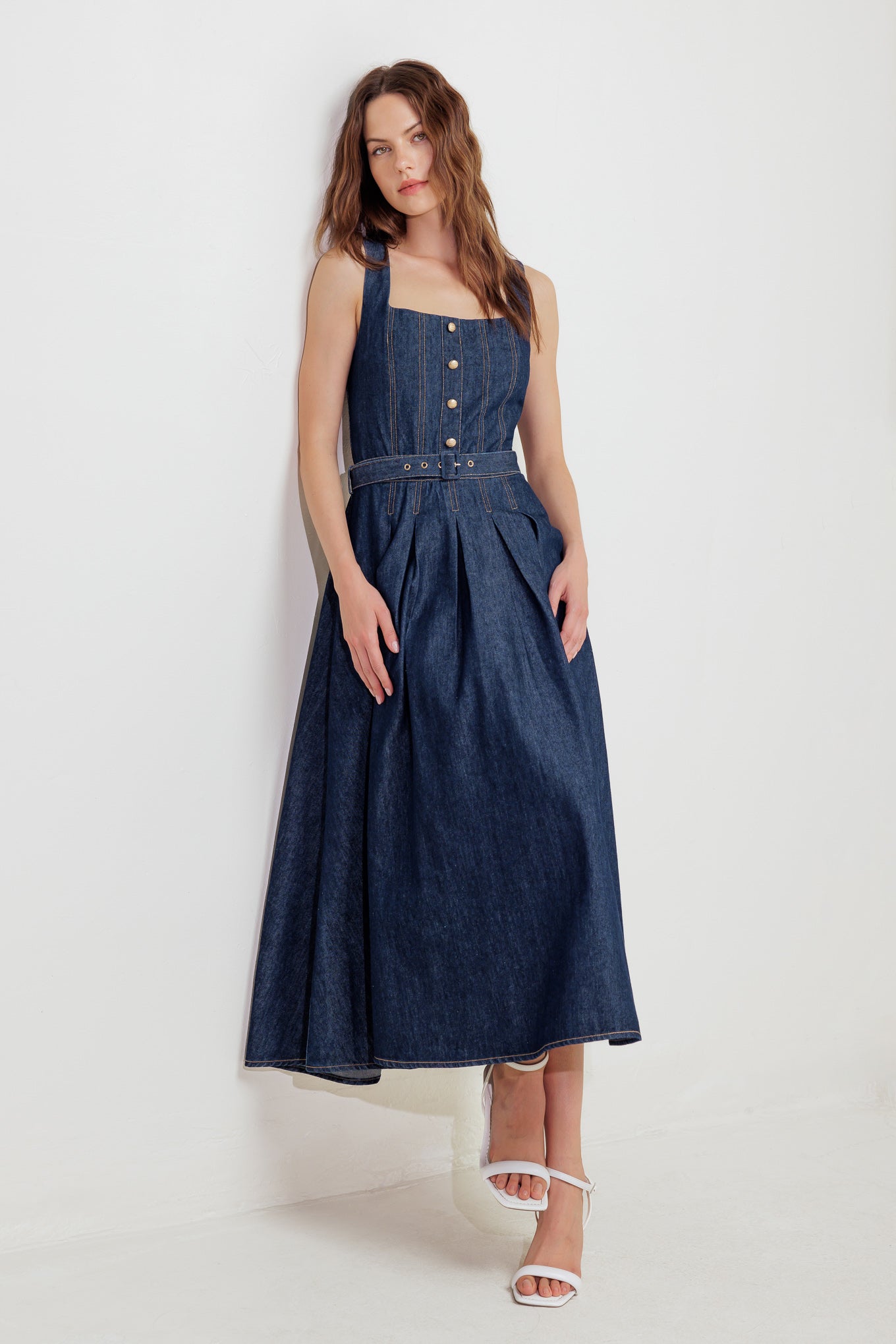 MOONLIGHT SERENADE DARK DENIM MIDI DRESS-Vavasi