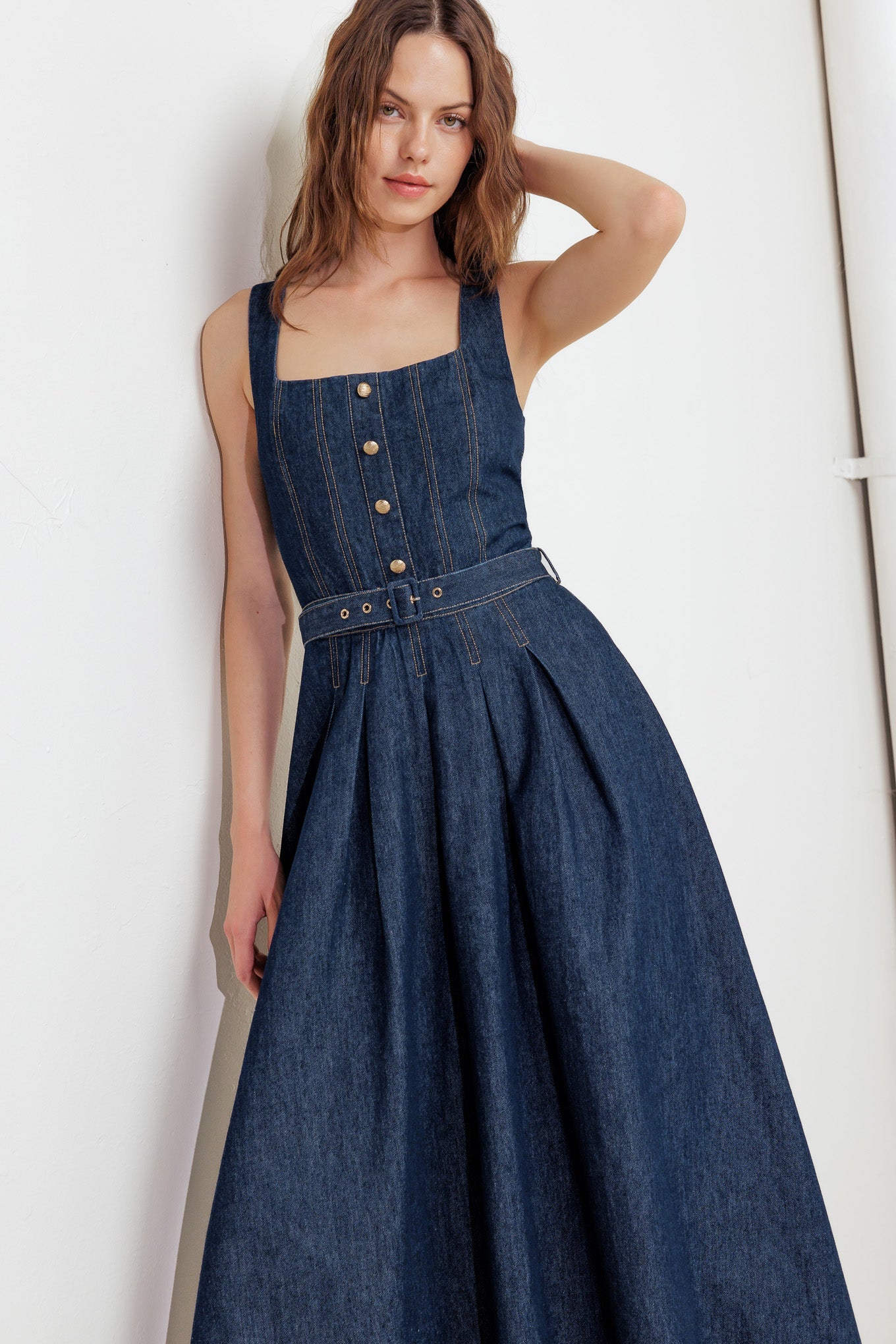 MOONLIGHT SERENADE DARK DENIM MIDI DRESS-Vavasi