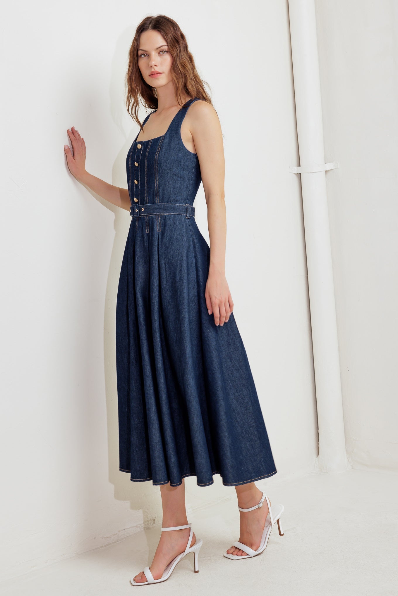 MOONLIGHT SERENADE DARK DENIM MIDI DRESS-Vavasi