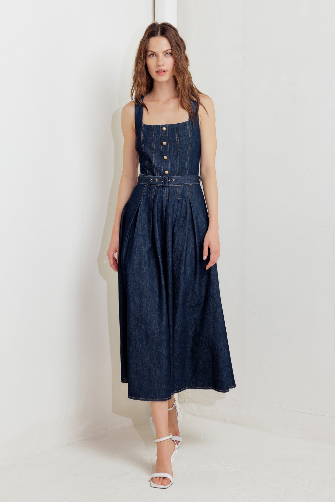 MOONLIGHT SERENADE DARK DENIM MIDI DRESS-Vavasi