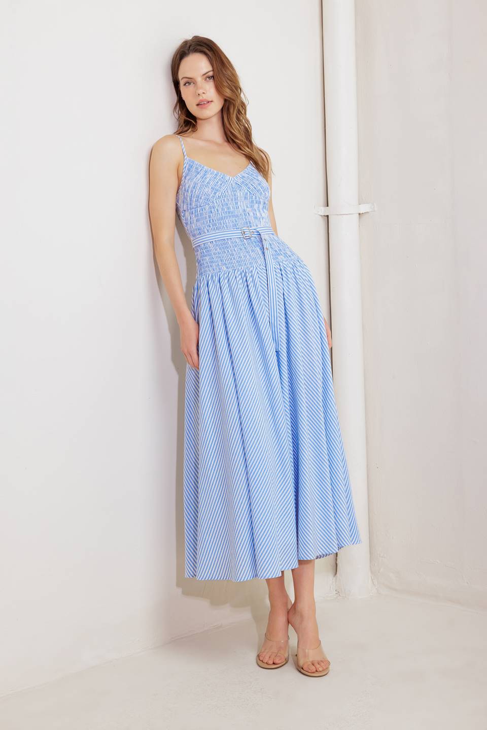 JOURNI STRIPED MIDI DRESS - BLUE & WHITE-Vavasi