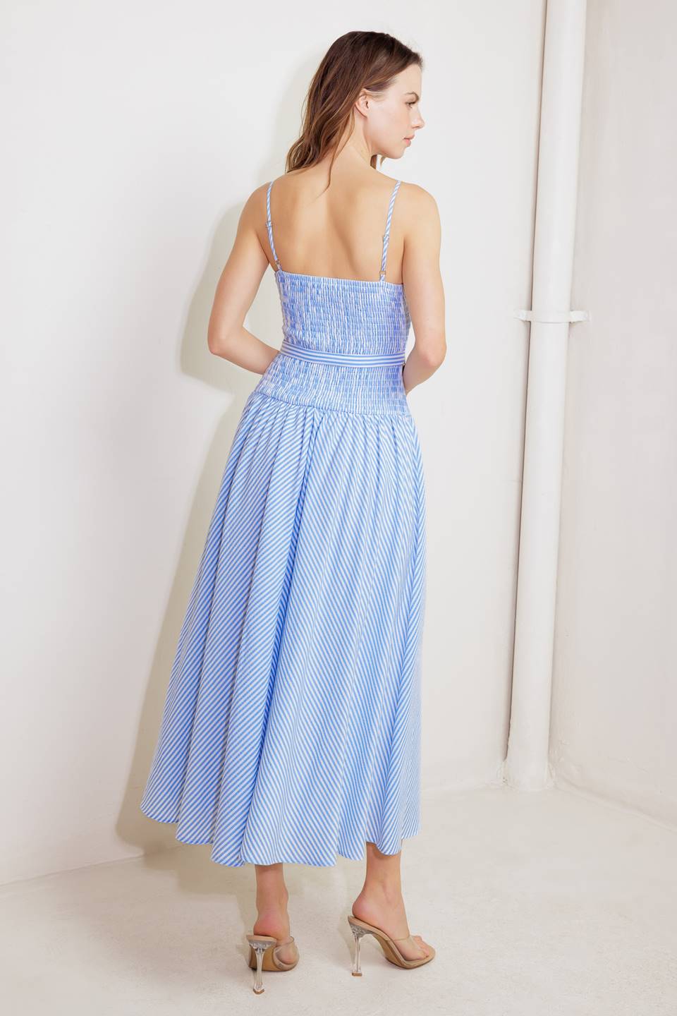 JOURNI STRIPED MIDI DRESS - BLUE & WHITE-Vavasi