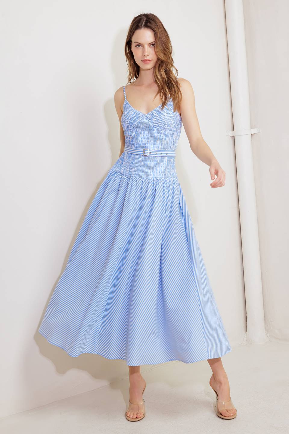 JOURNI STRIPED MIDI DRESS - BLUE & WHITE-Vavasi