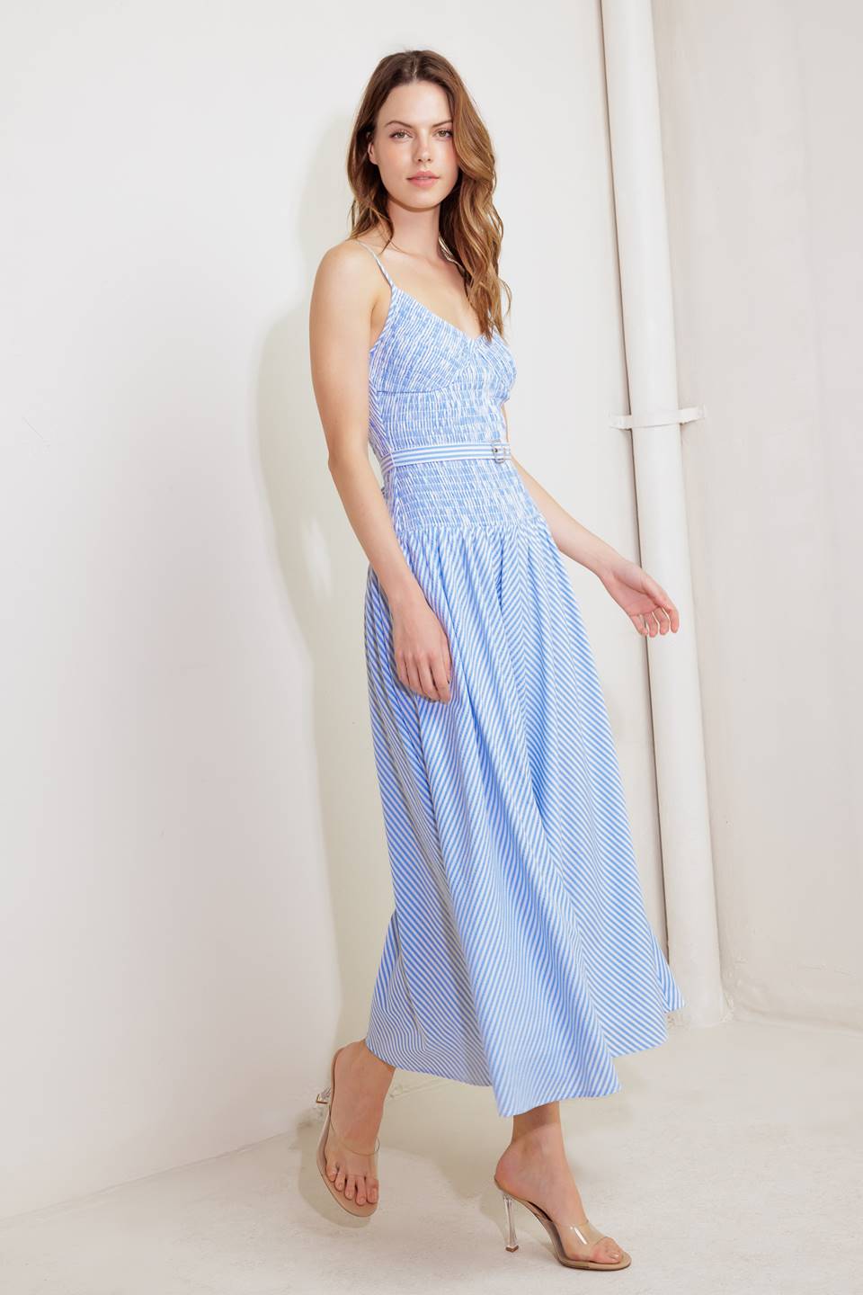 JOURNI STRIPED MIDI DRESS - BLUE & WHITE-Vavasi