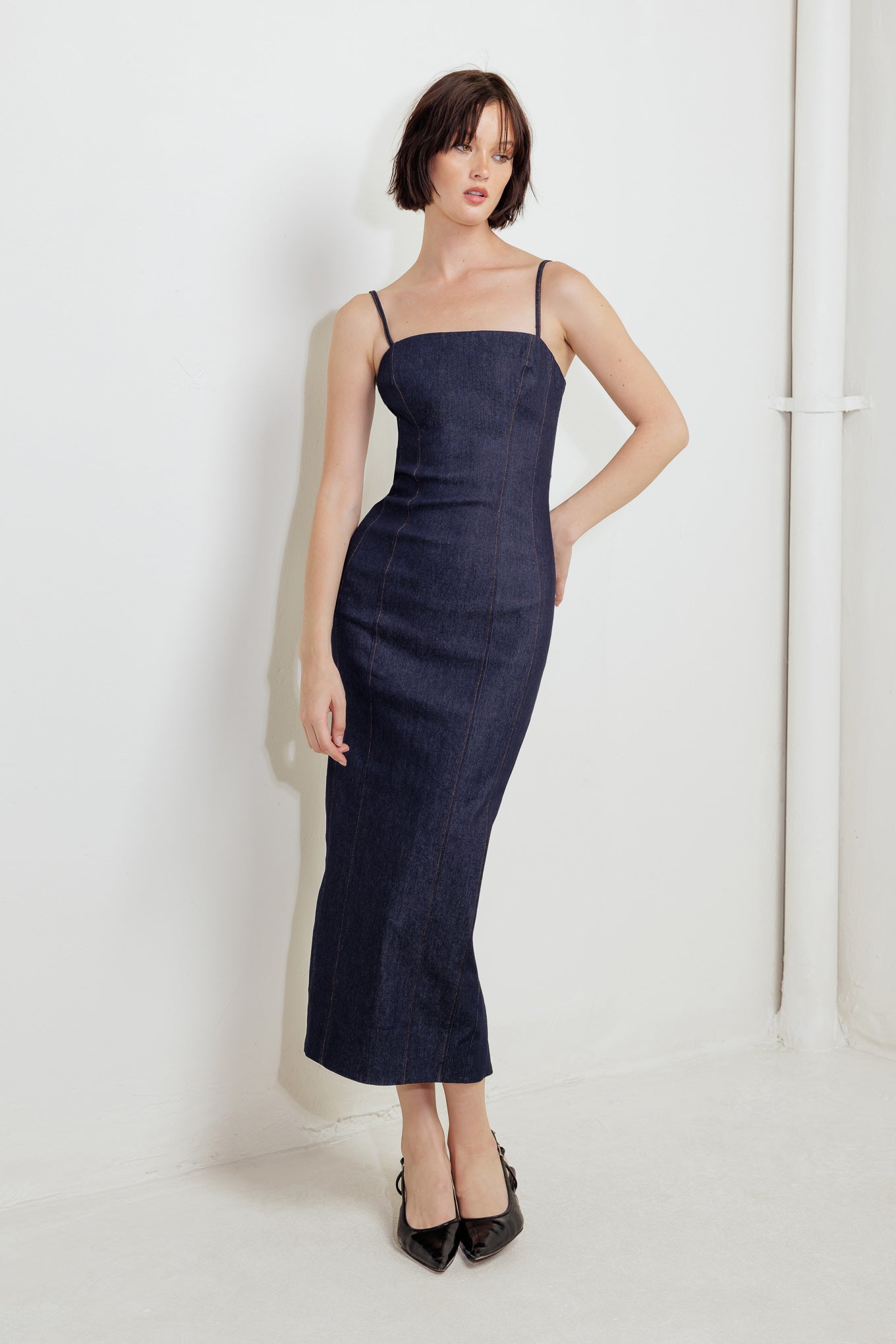 CAROLLA DARK DENIM MIDI DRESS-Vavasi