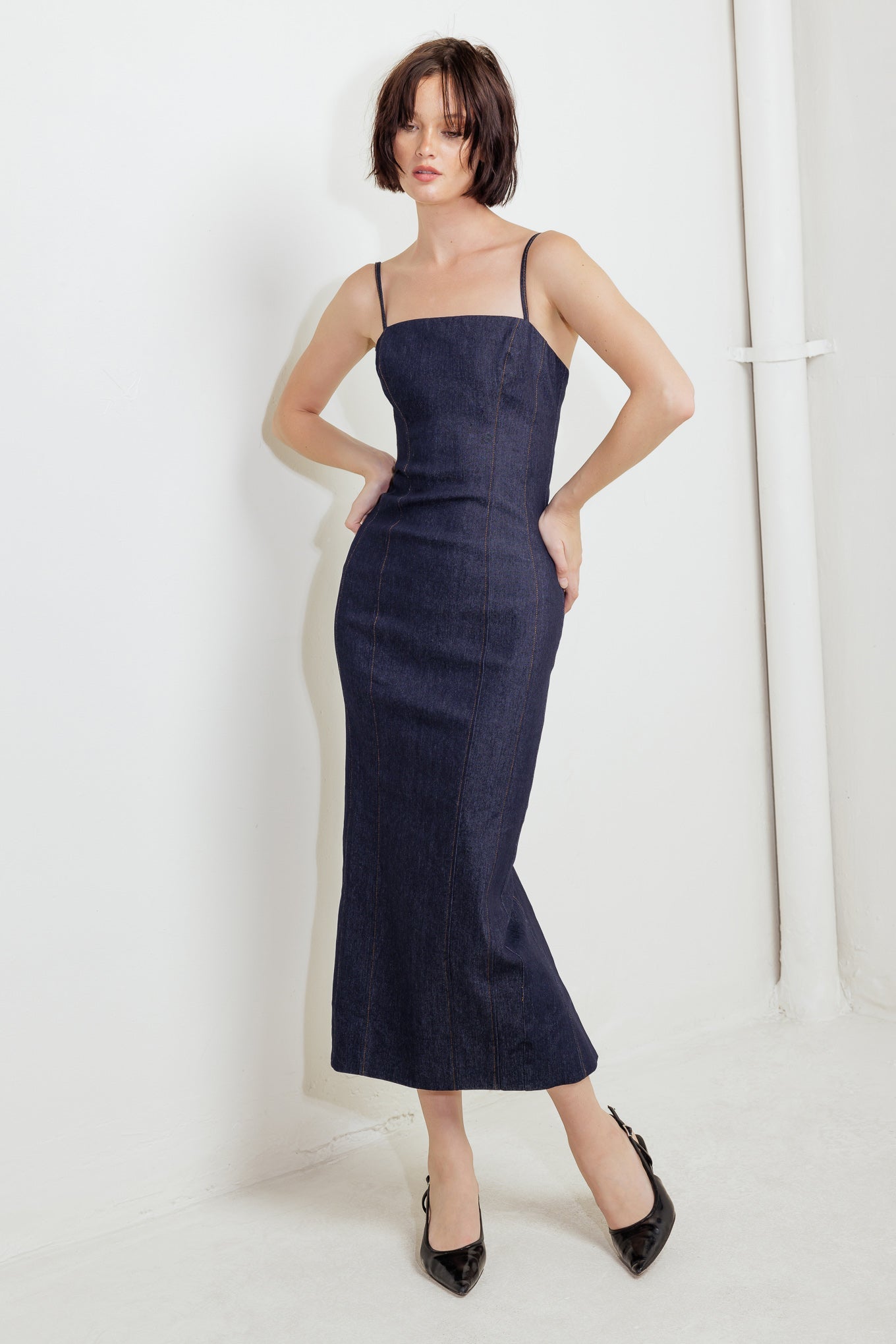 CAROLLA DARK DENIM MIDI DRESS-Vavasi