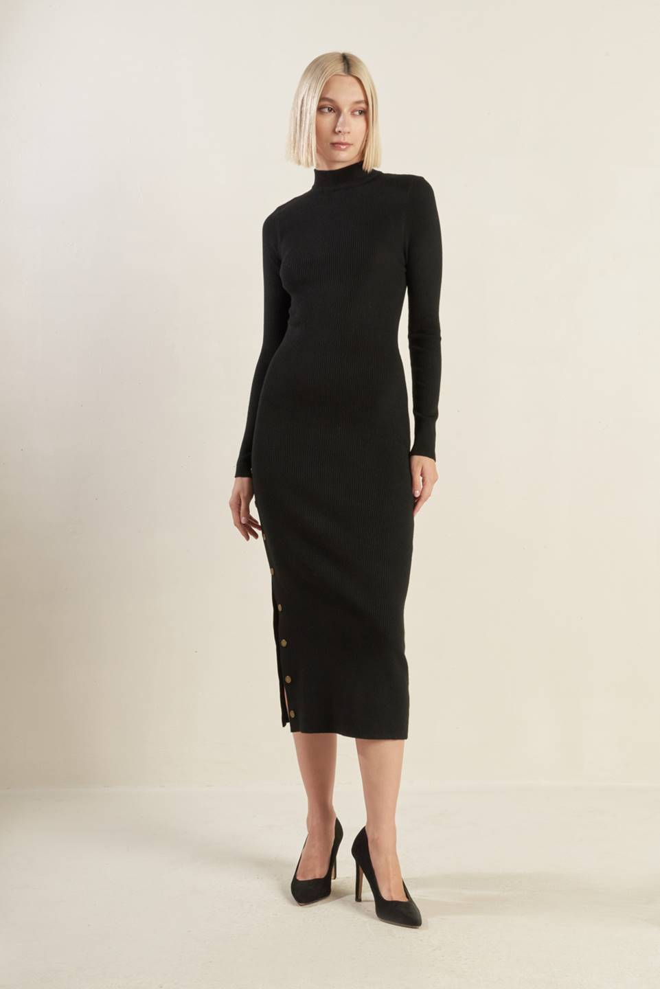 MODERN MUSE - BLACK - HIGH NECK SWEATER DRESS-Vavasi