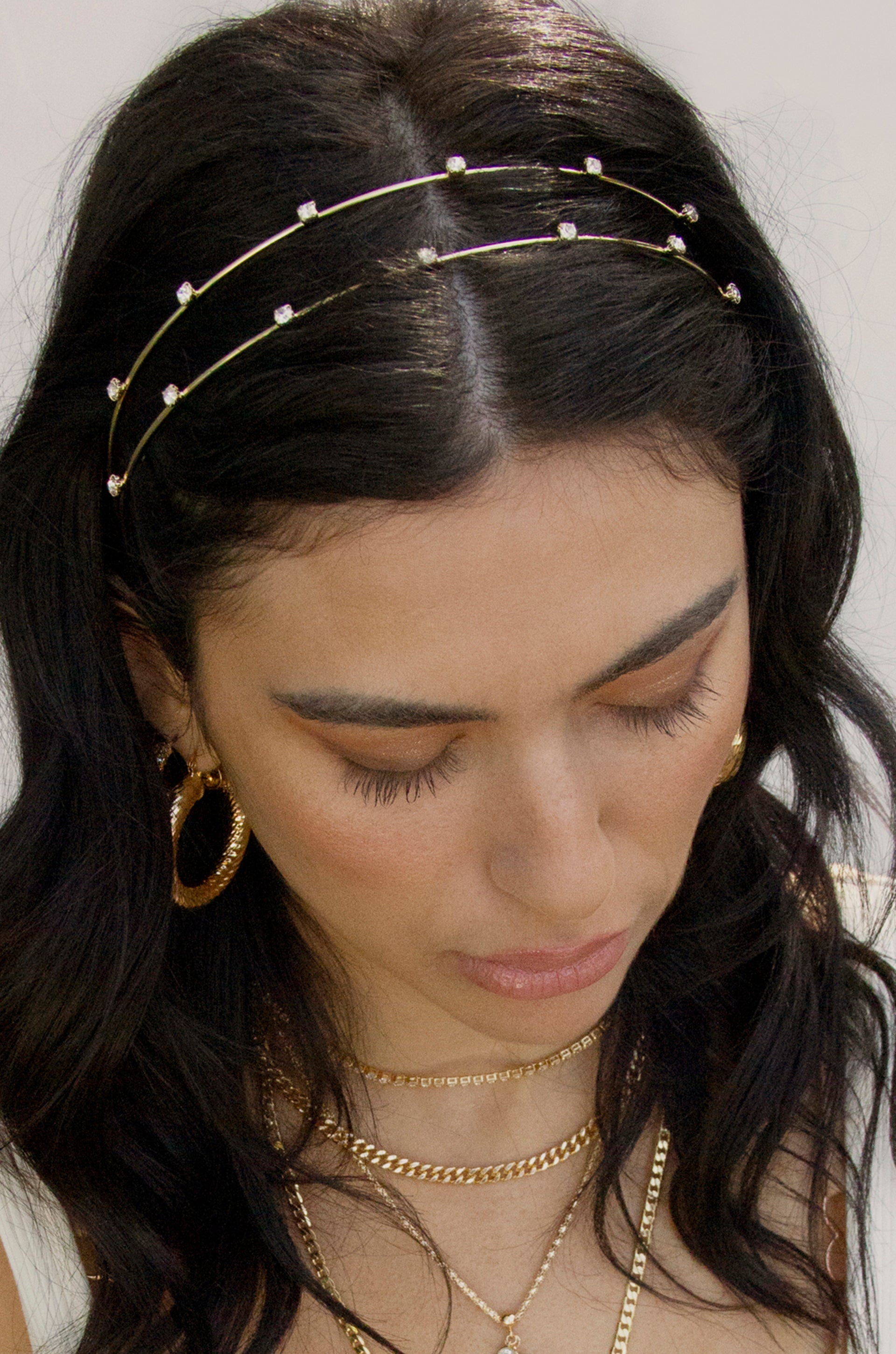Delicate Crystal Dotted Gold Headband-Vavasi