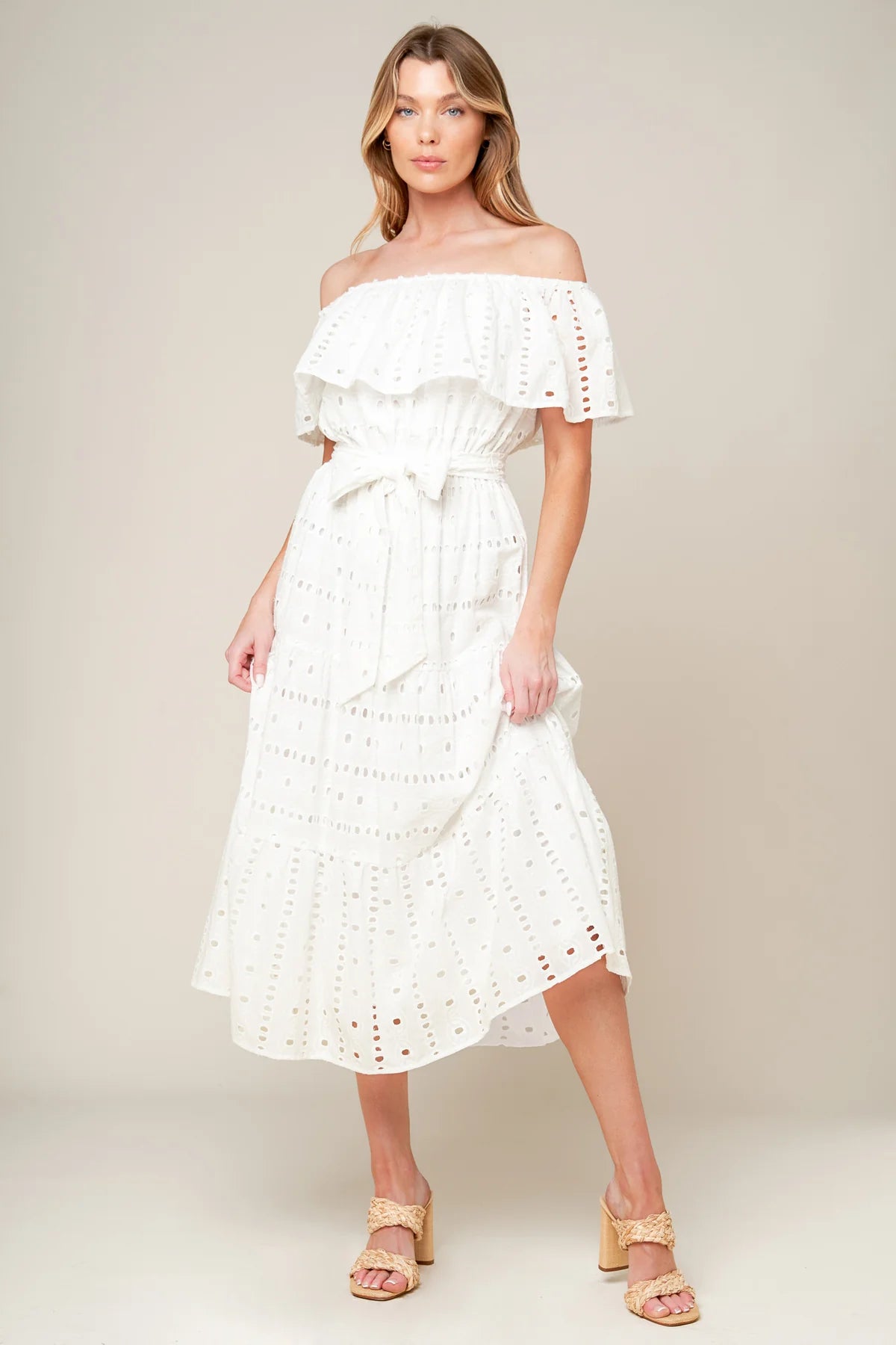 CATCHING MY BREATH EYELET MIDI DRESS-Vavasi