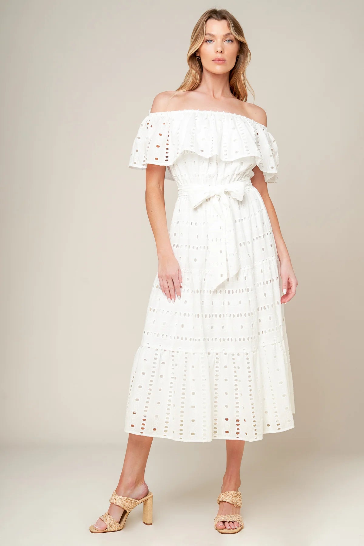 CATCHING MY BREATH EYELET MIDI DRESS-Vavasi