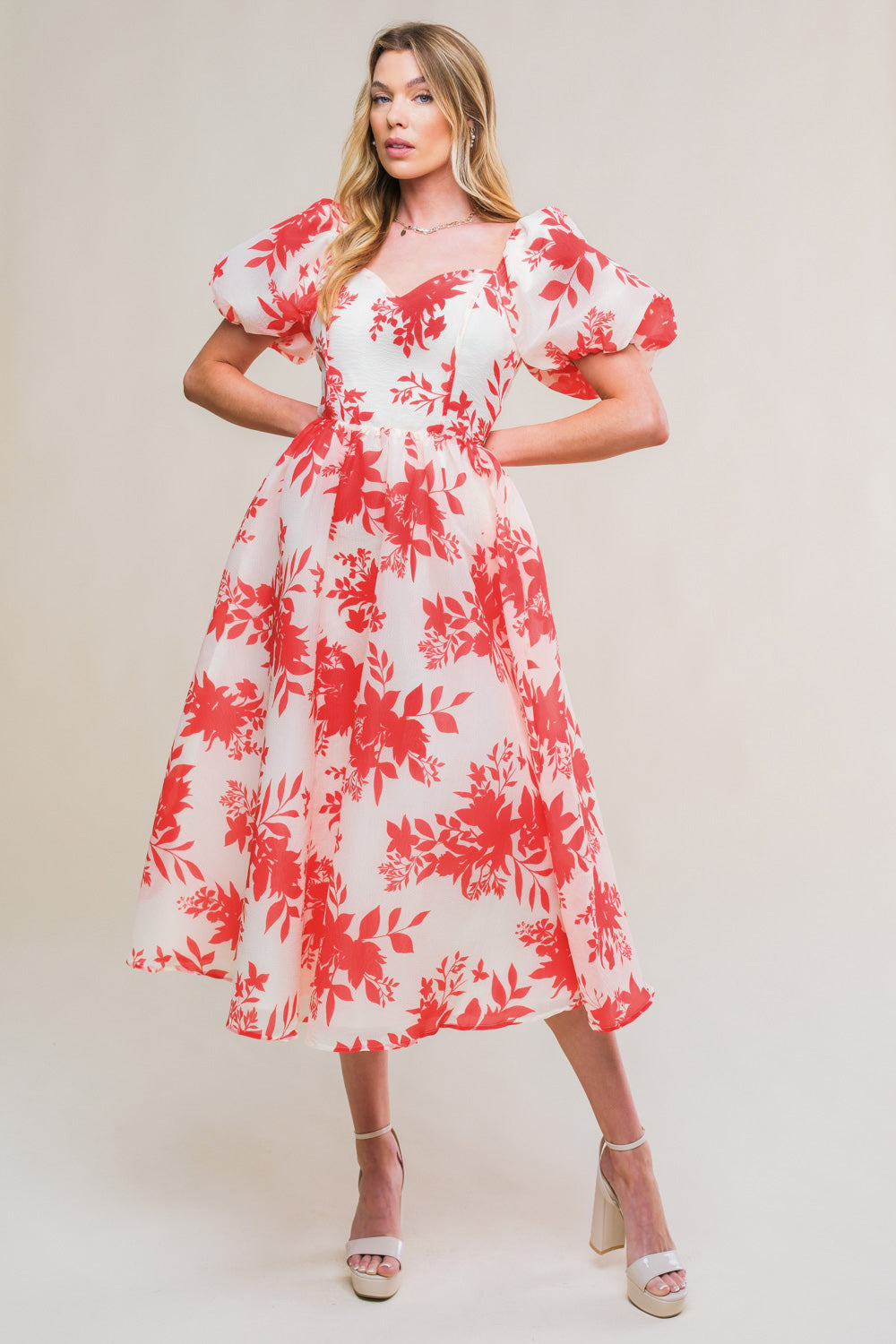 COTTAGE GARDEN PUFF SLEEVE MIDI DRESS - RED-Vavasi