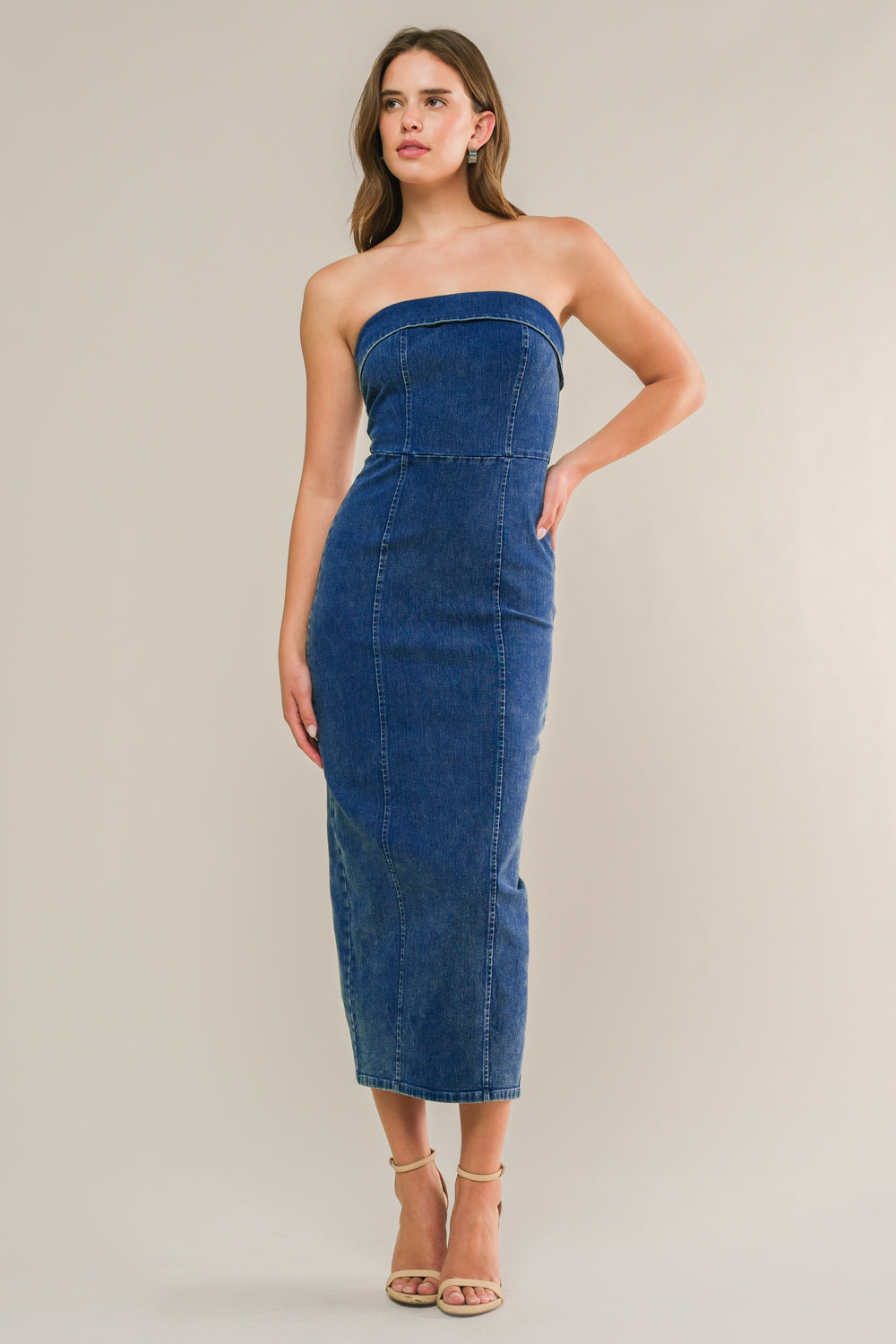 BLUE CRUSH STRAPLESS BODYCON DENIM MIDI DRESS-Vavasi