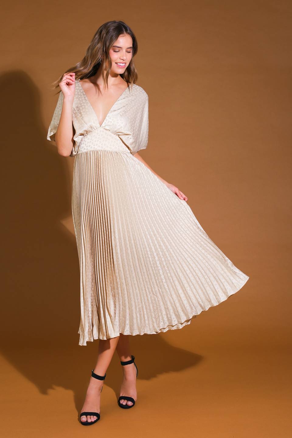 TIMELESS REPEAT - PLEATED SATIN MIDI DRESS-Vavasi