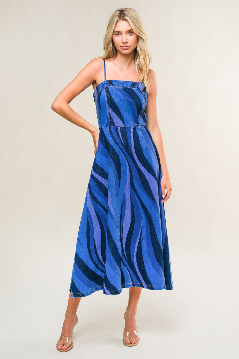 BLUE WAVES - PATTERNED DENIM MIDI DRESS-Vavasi