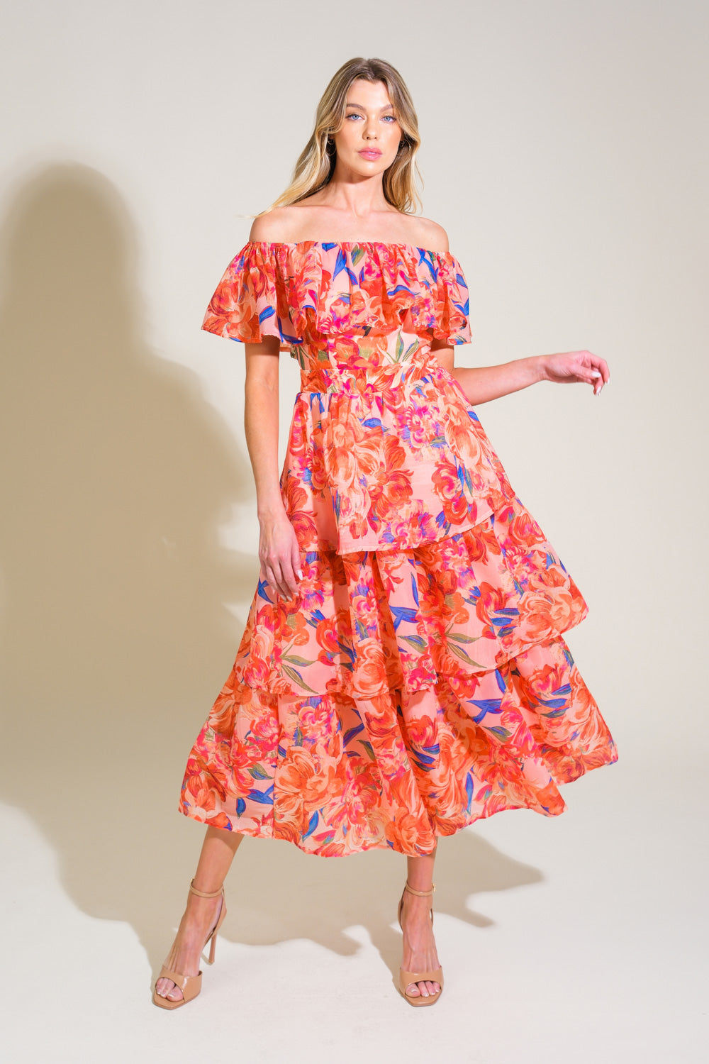 STROLL THE AVENUES MIDI DRESS - PEACH-Vavasi