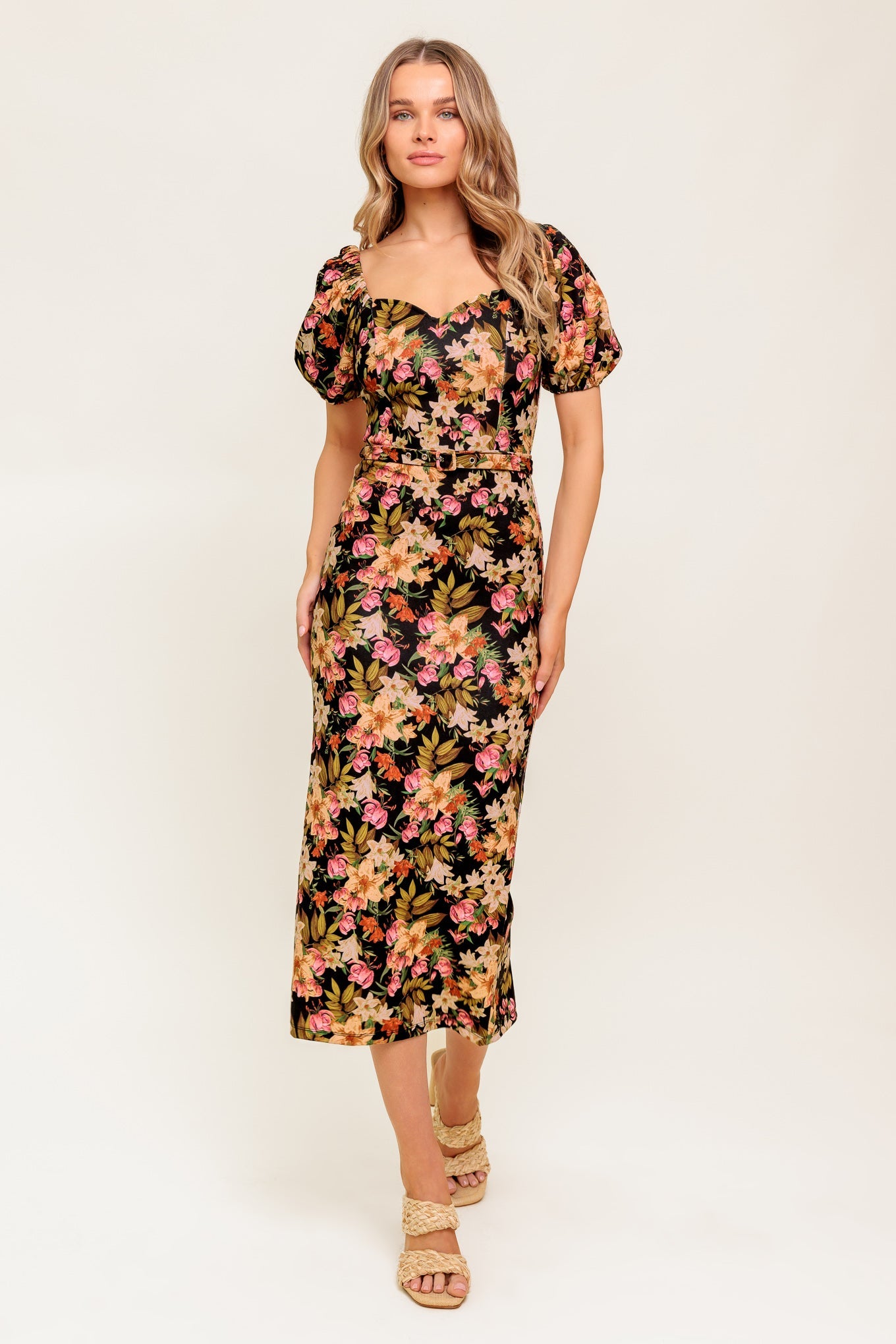 SWEET AT HEART MIDI DRESS - BLACK FLORAL FITTED DRESS-Vavasi