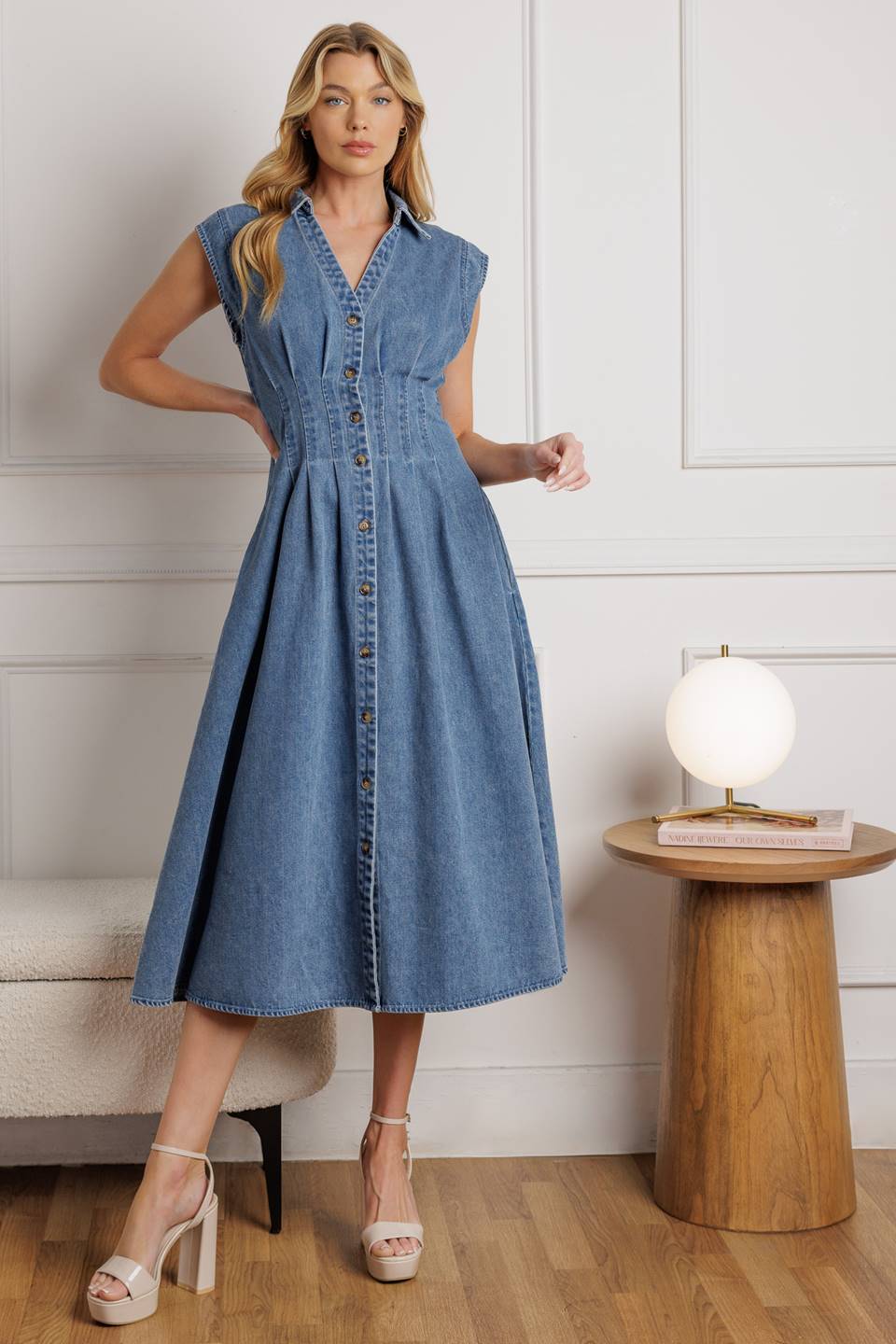 ROSES OF LOVE - CINCHED WAIST DENIM MIDI DRESS-Vavasi
