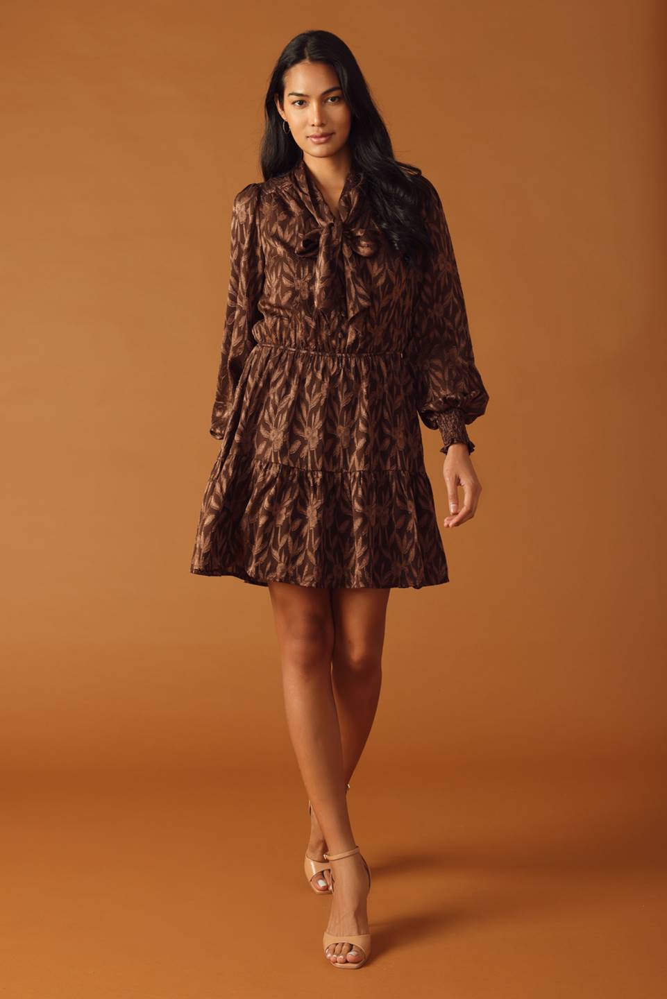 FALLING LEAVES - BROWN - LONG SLEEVE MINI DRESS-Vavasi