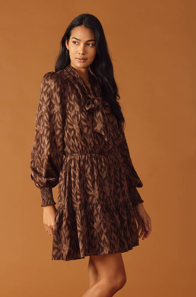 FALLING LEAVES - BROWN - LONG SLEEVE MINI DRESS-Vavasi