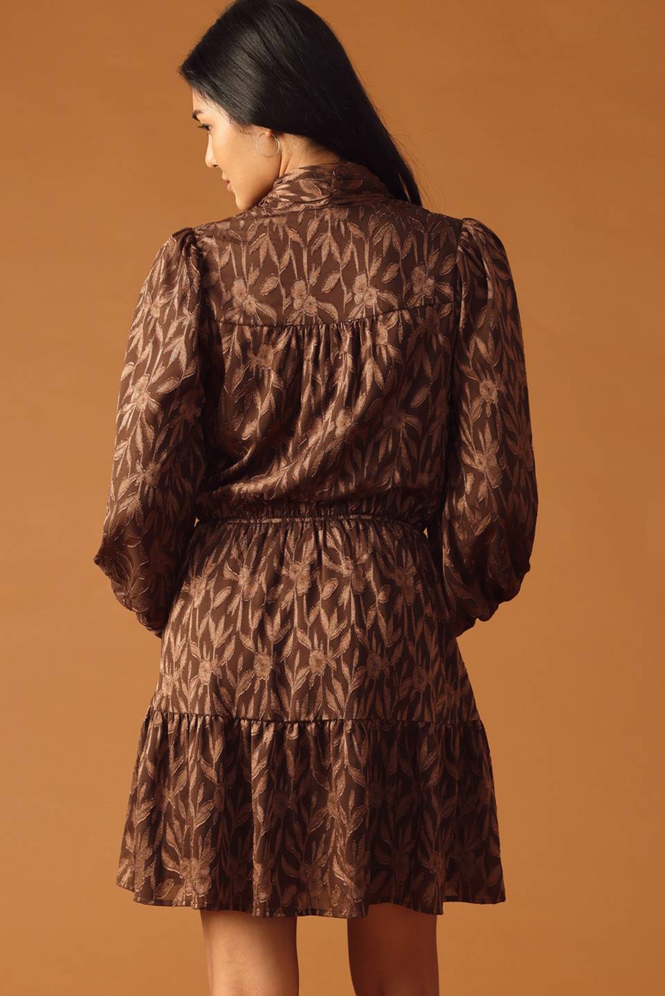 FALLING LEAVES - BROWN - LONG SLEEVE MINI DRESS-Vavasi