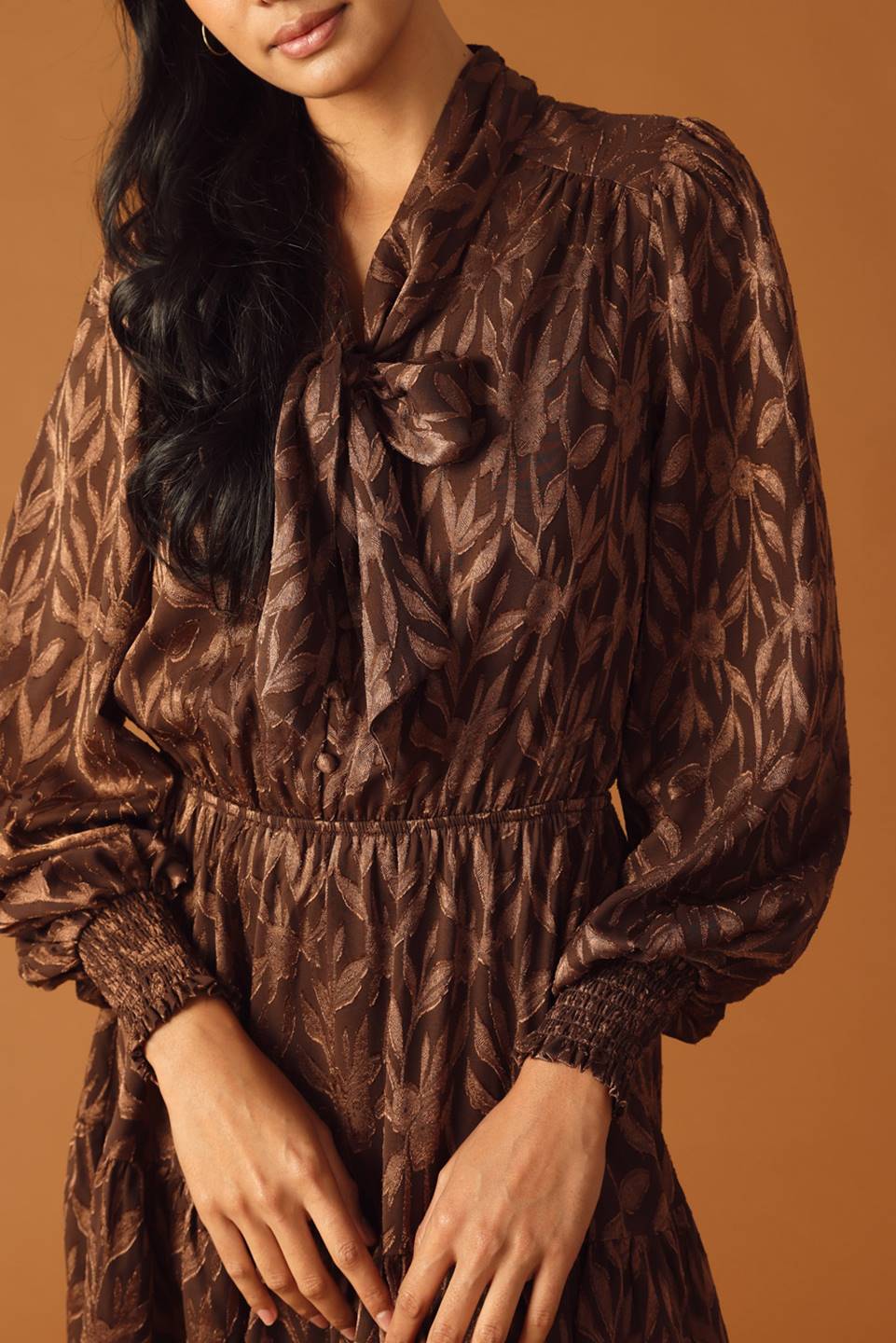 FALLING LEAVES - BROWN - LONG SLEEVE MINI DRESS-Vavasi