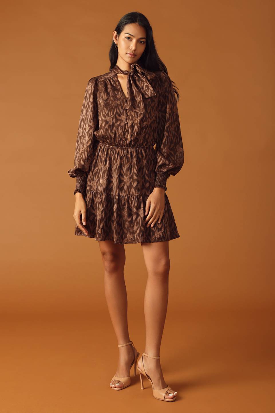 FALLING LEAVES - BROWN - LONG SLEEVE MINI DRESS-Vavasi
