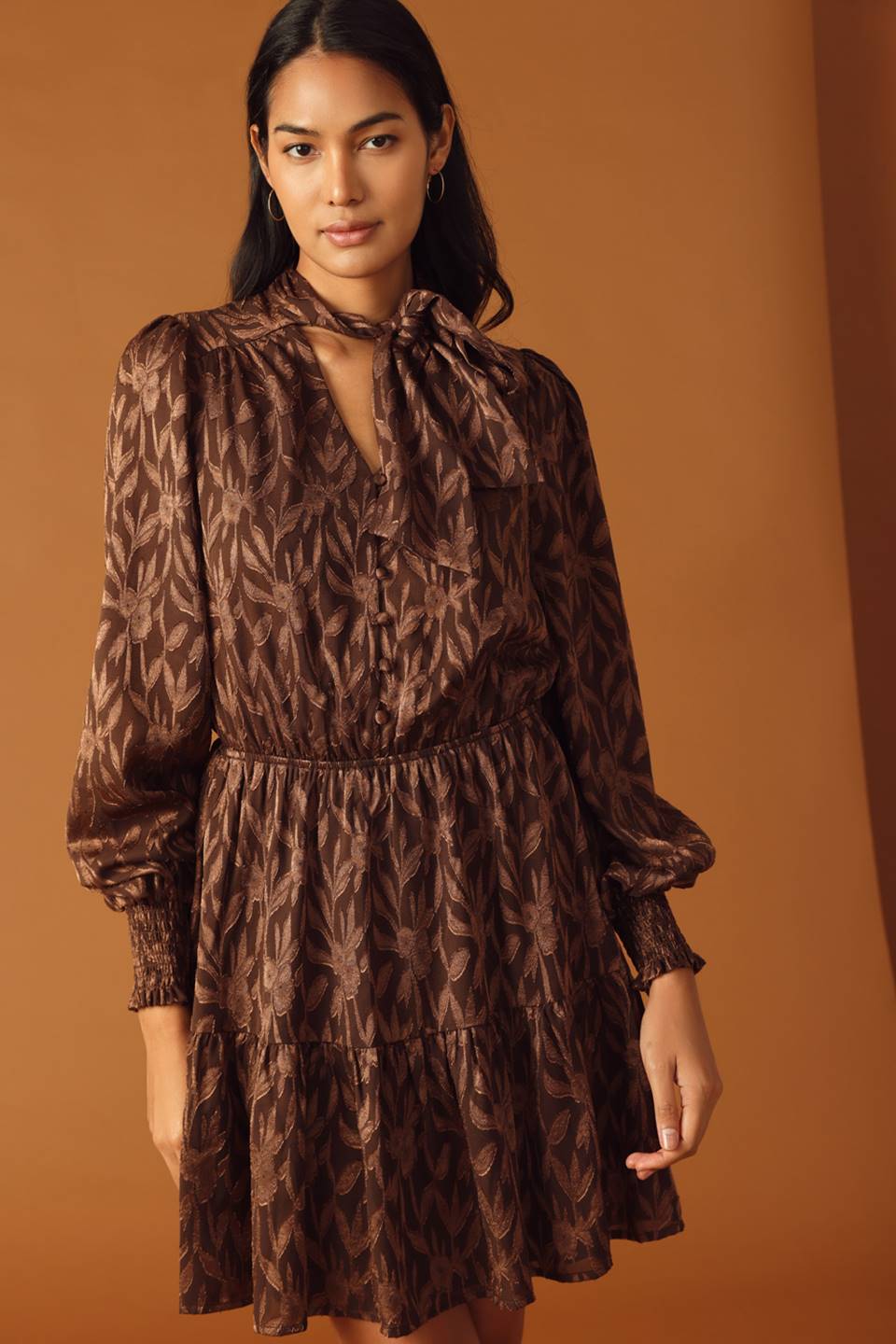 FALLING LEAVES - BROWN - LONG SLEEVE MINI DRESS-Vavasi