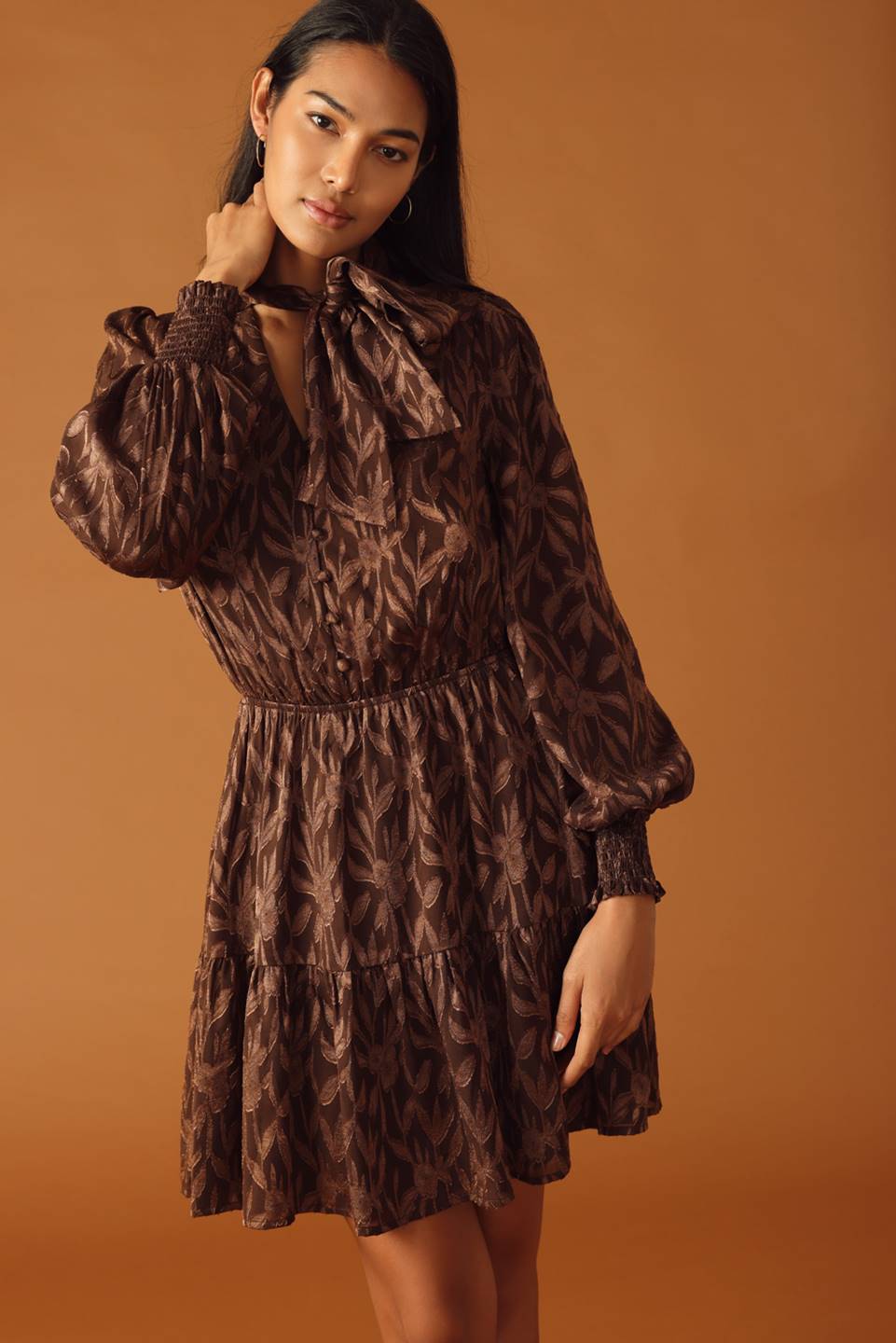 FALLING LEAVES - BROWN - LONG SLEEVE MINI DRESS-Vavasi