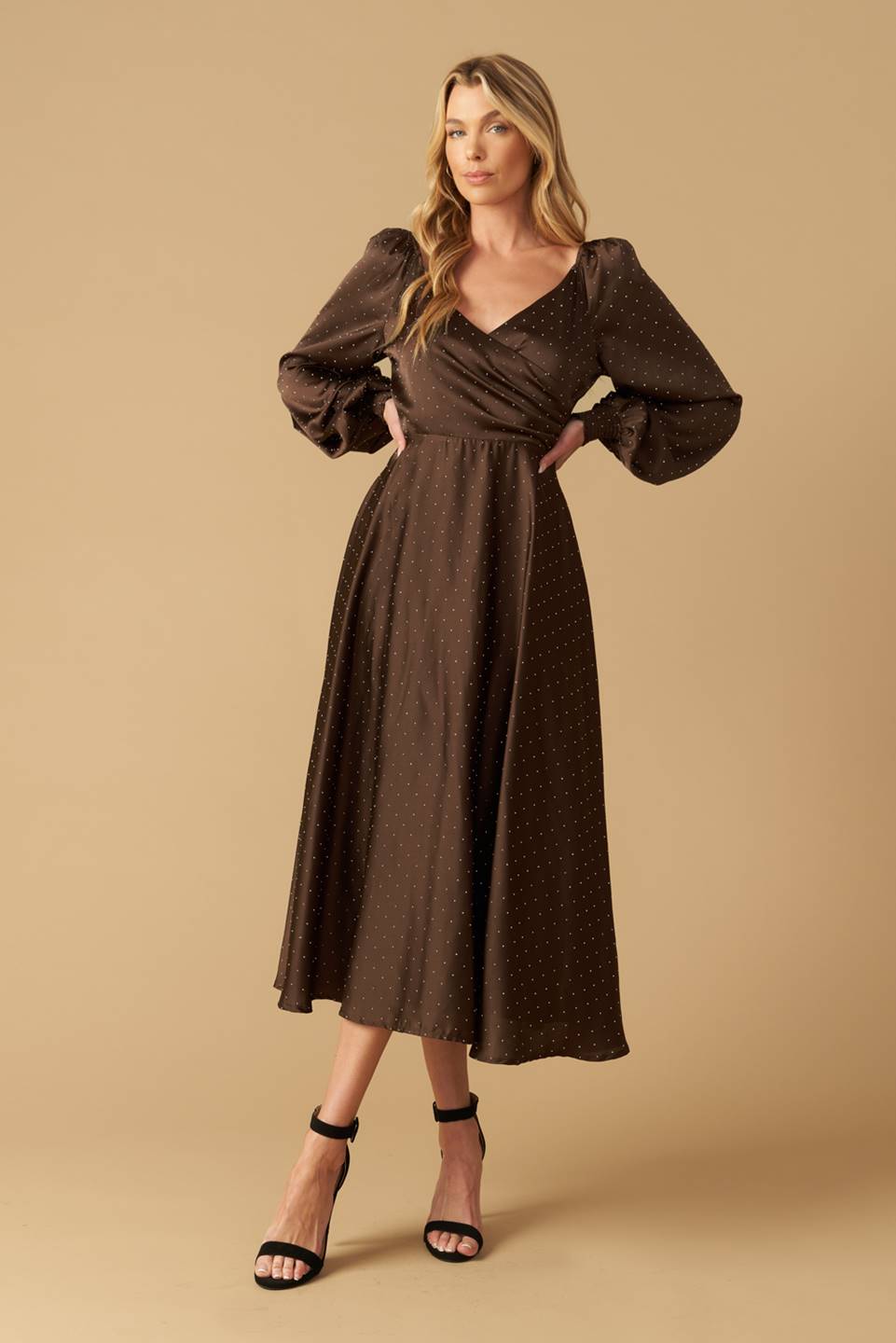 ROMANTIC LOVE - BROWN - LONG SLEEVE MIDI DRESS-Vavasi