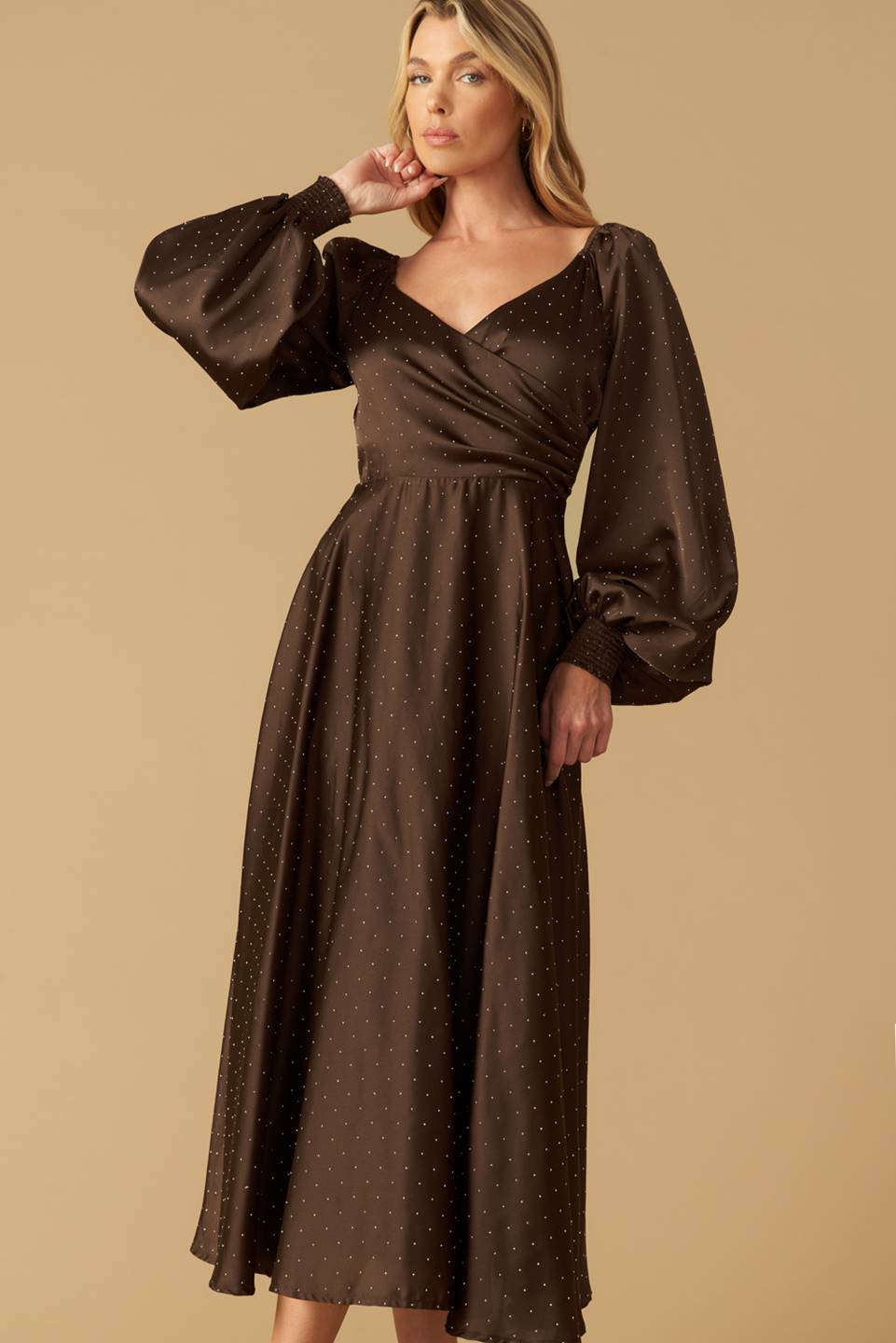 ROMANTIC LOVE - BROWN - LONG SLEEVE MIDI DRESS-Vavasi