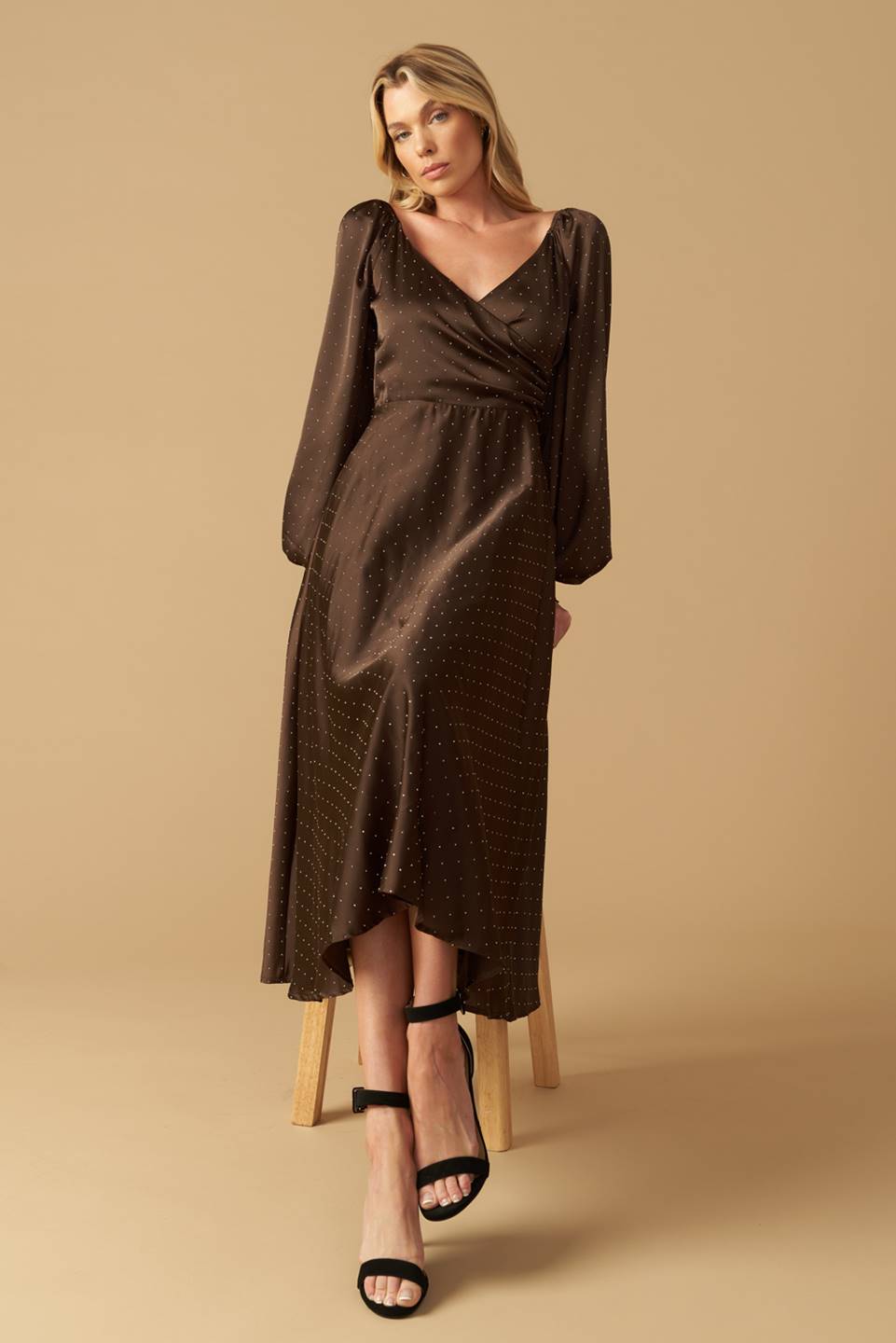 ROMANTIC LOVE - BROWN - LONG SLEEVE MIDI DRESS-Vavasi