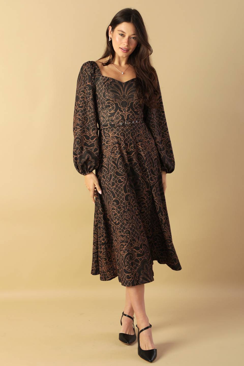RUSTIC ALLURE MIDI DRESS - BROWN-Vavasi