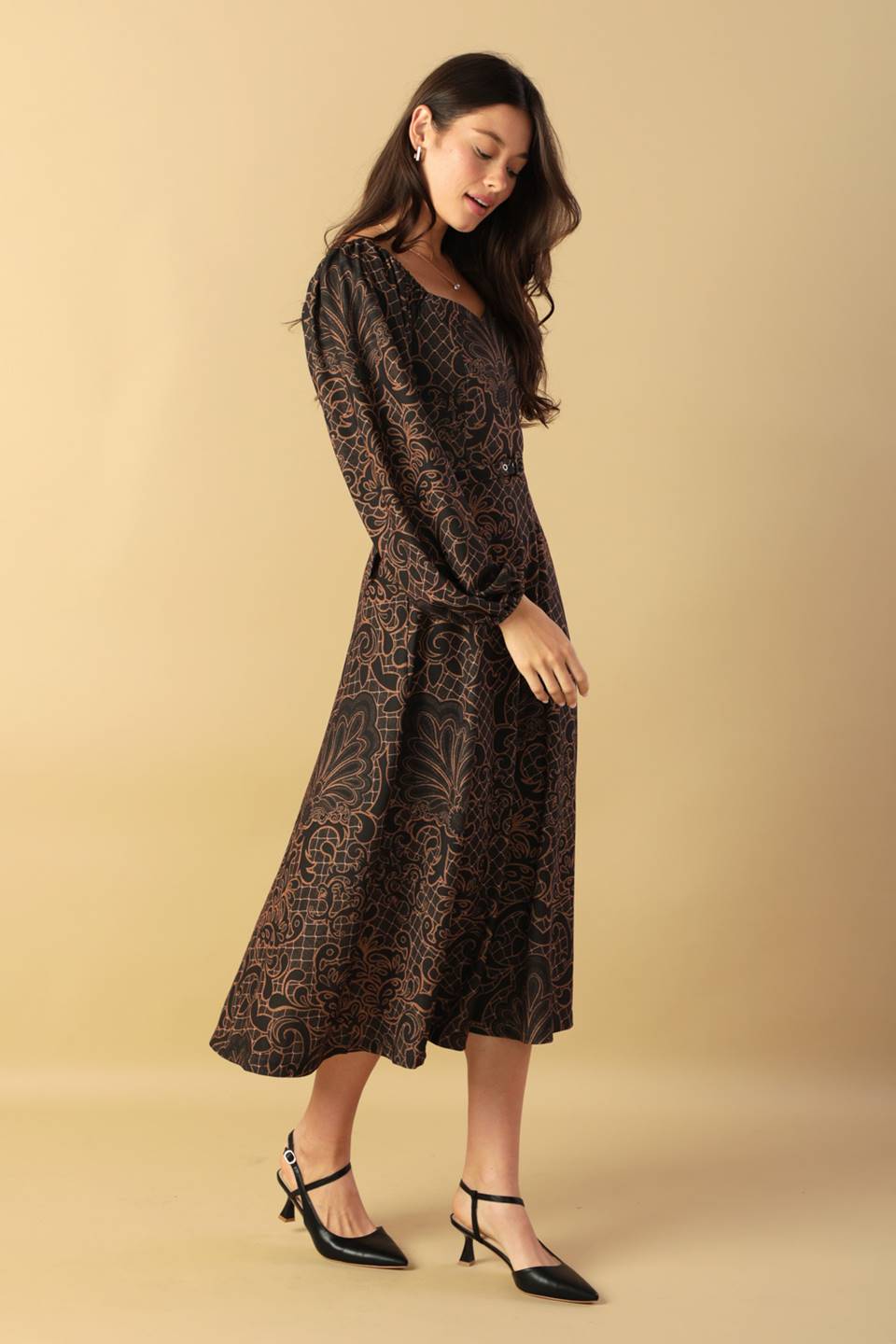 RUSTIC ALLURE MIDI DRESS - BROWN-Vavasi