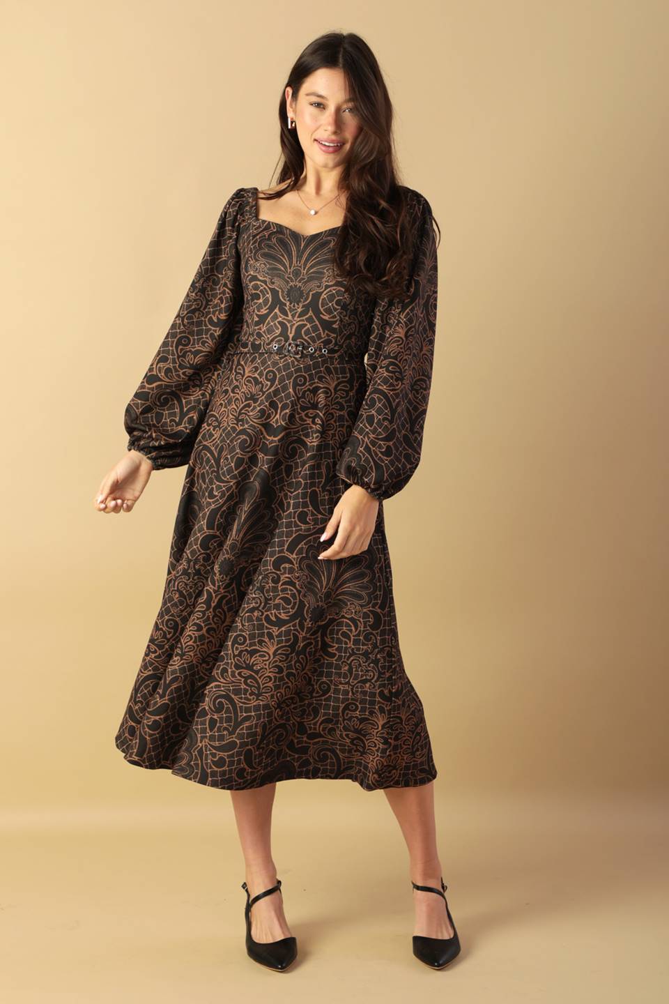 RUSTIC ALLURE MIDI DRESS - BROWN-Vavasi