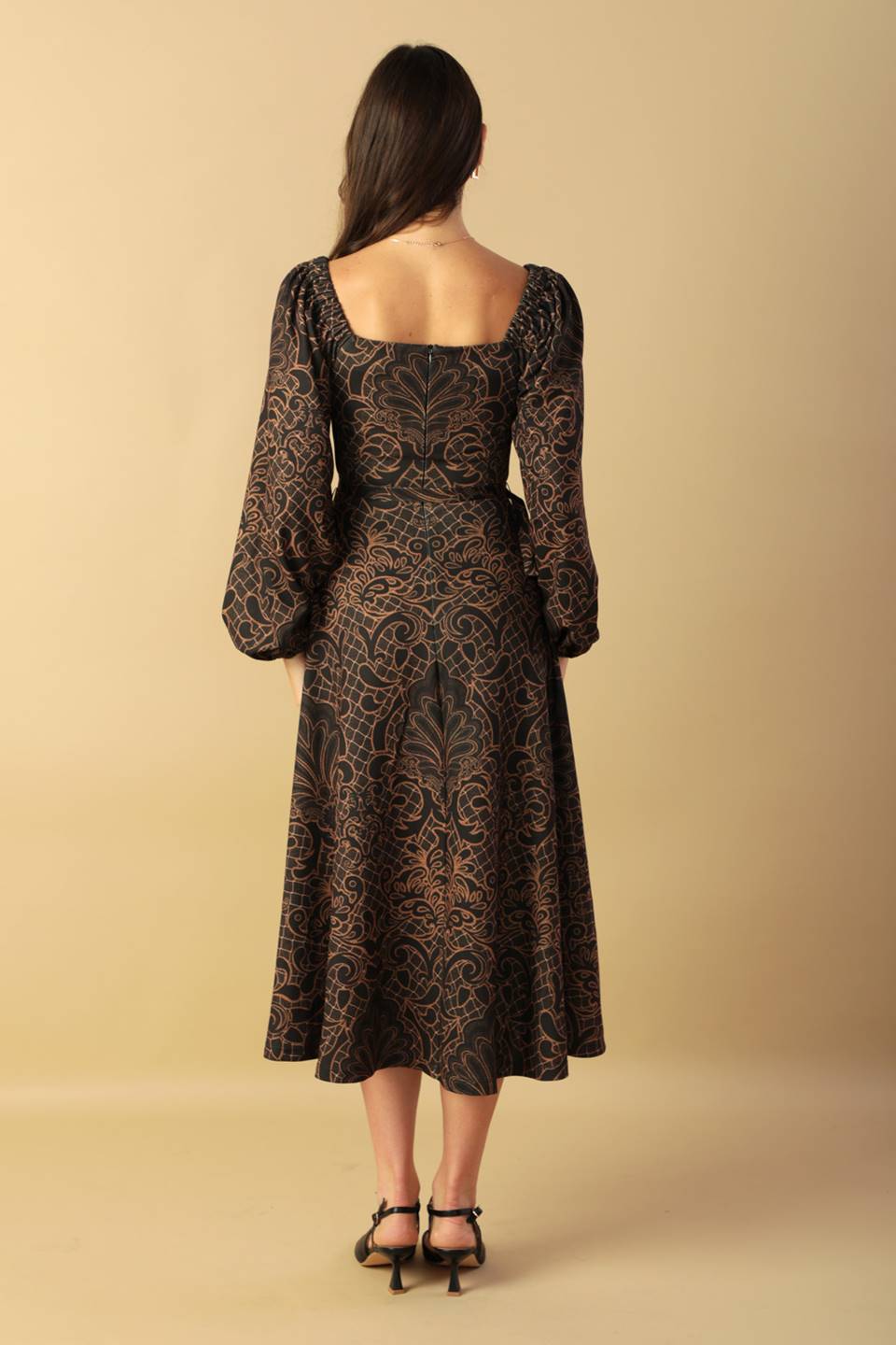RUSTIC ALLURE MIDI DRESS - BROWN-Vavasi
