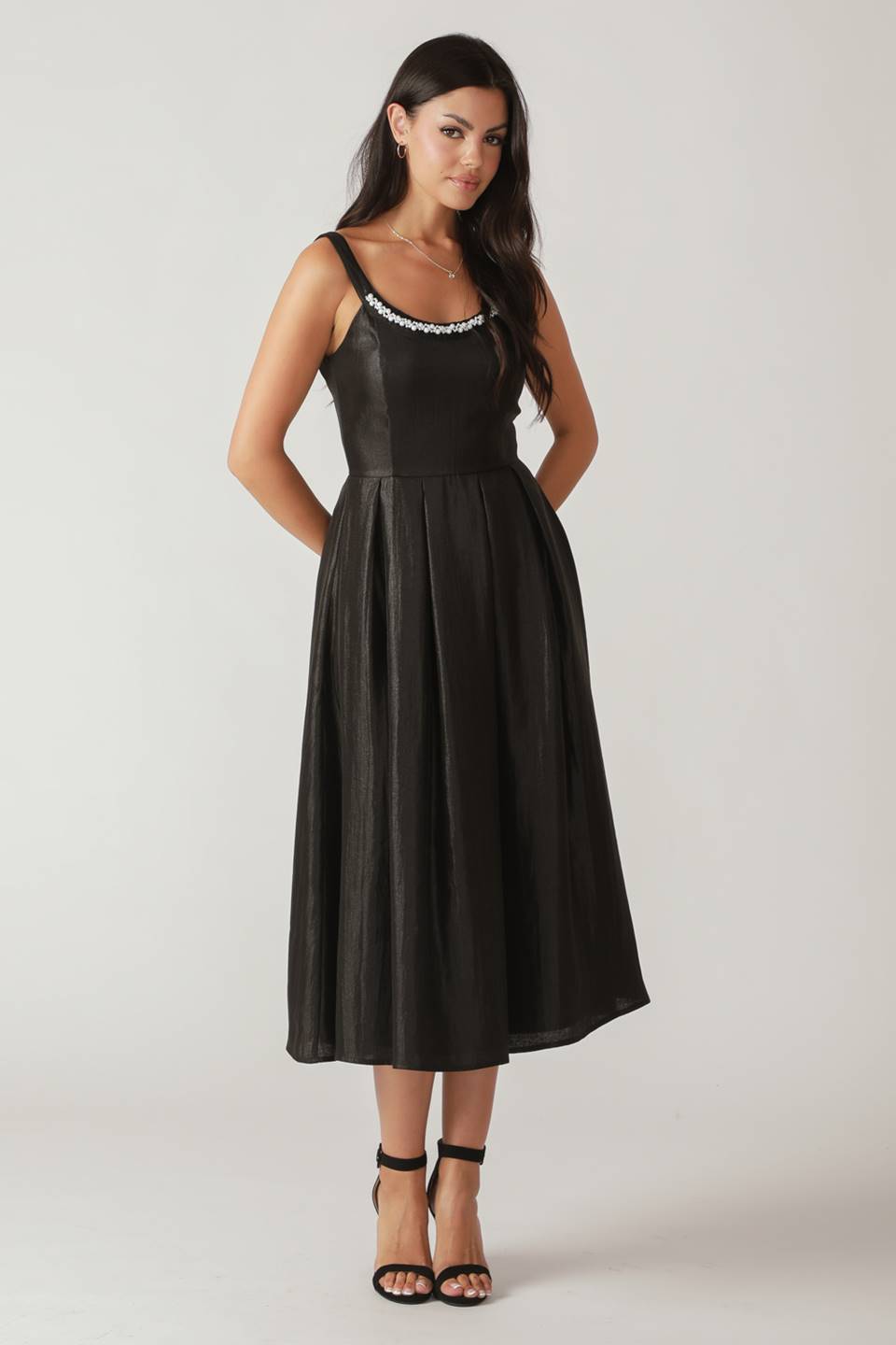 PEARL TRIM BLACK SATIN MIDI DRESS-Vavasi