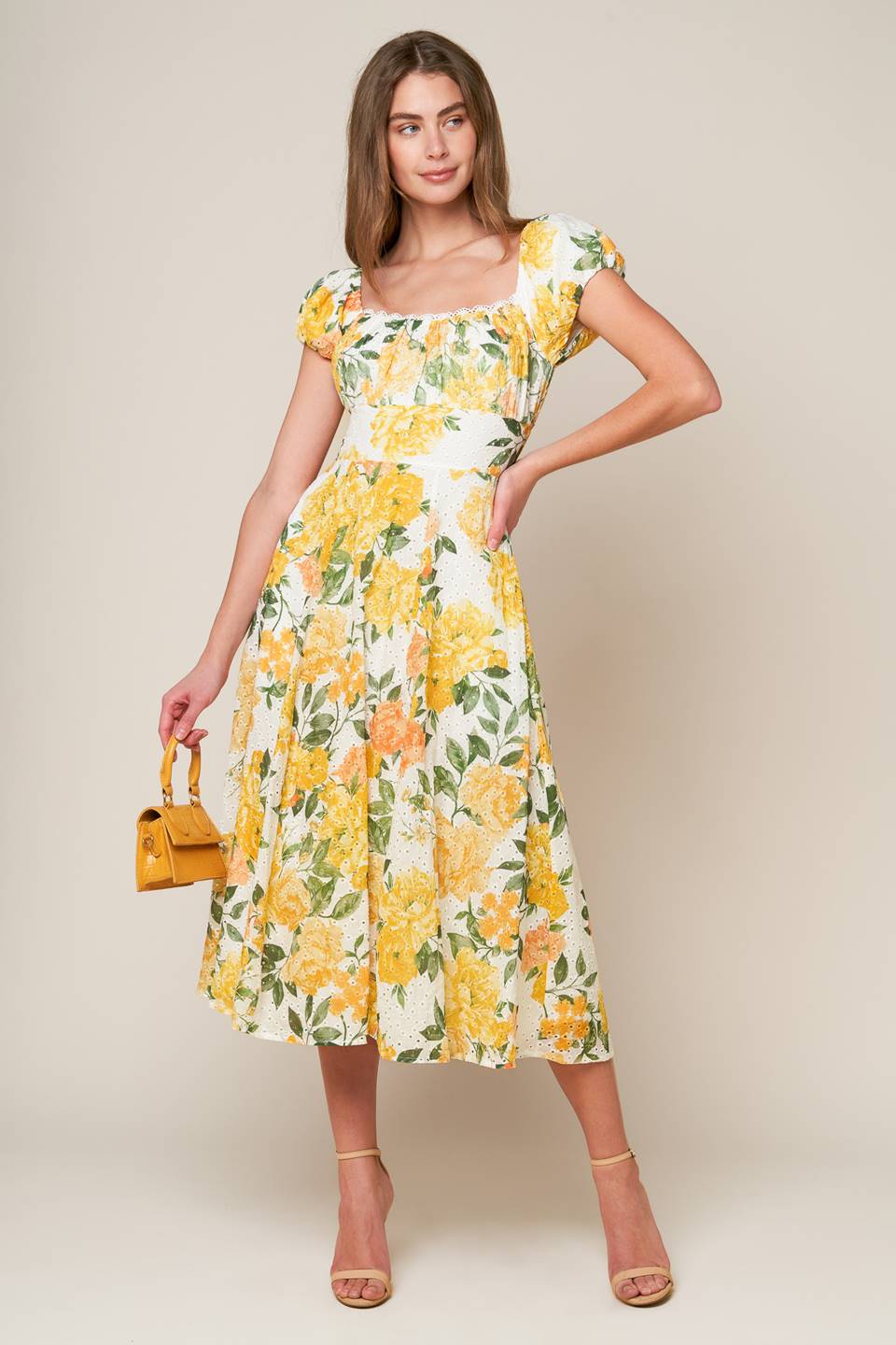 GARDEN OF DREAMS - YELLOW - EYELET MIDI DRESS-Vavasi