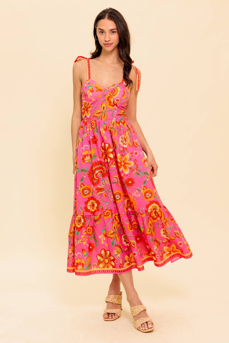 GARDEN GATHERING BUSTIER MIDI DRESS - PINK MULTI-Vavasi