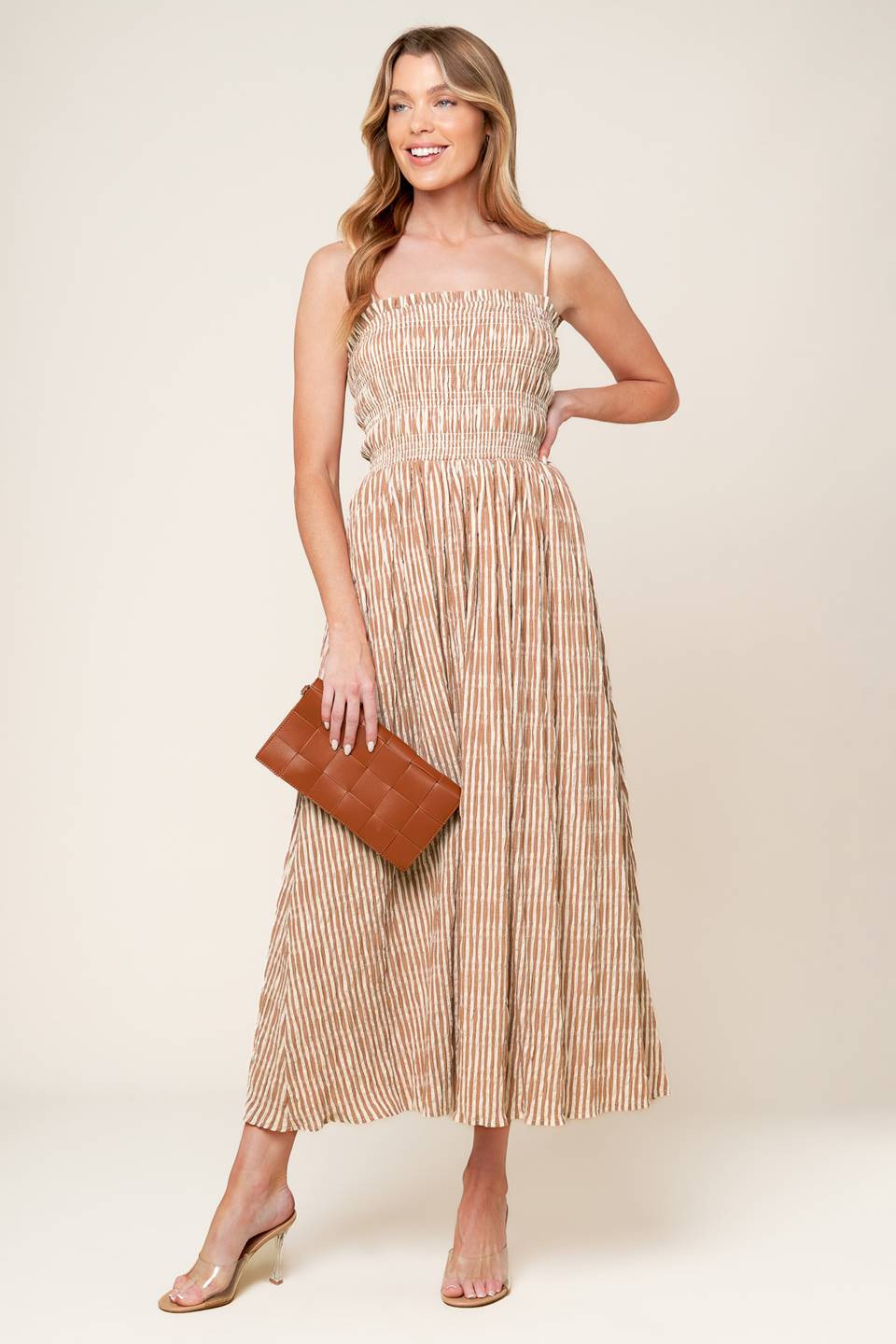 VALHALLA BROWN STRIPED MIDI DRESS-Vavasi