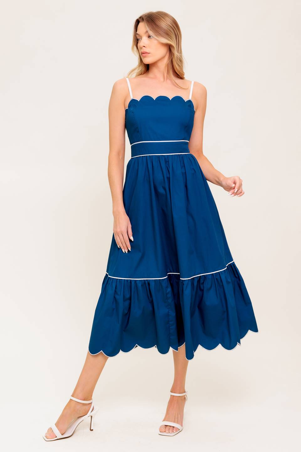 SWEET DREAMS SCALLOPED EDGE MIDI DRESS - NAVY-Vavasi