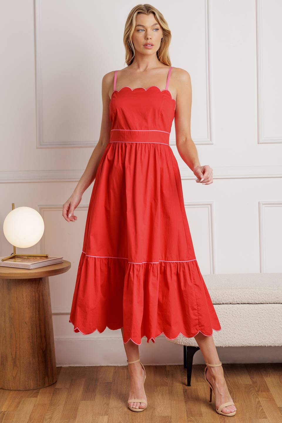 SWEET DREAMS - RED & PINK - SCALLOPED EDGE MIDI DRESS-Vavasi