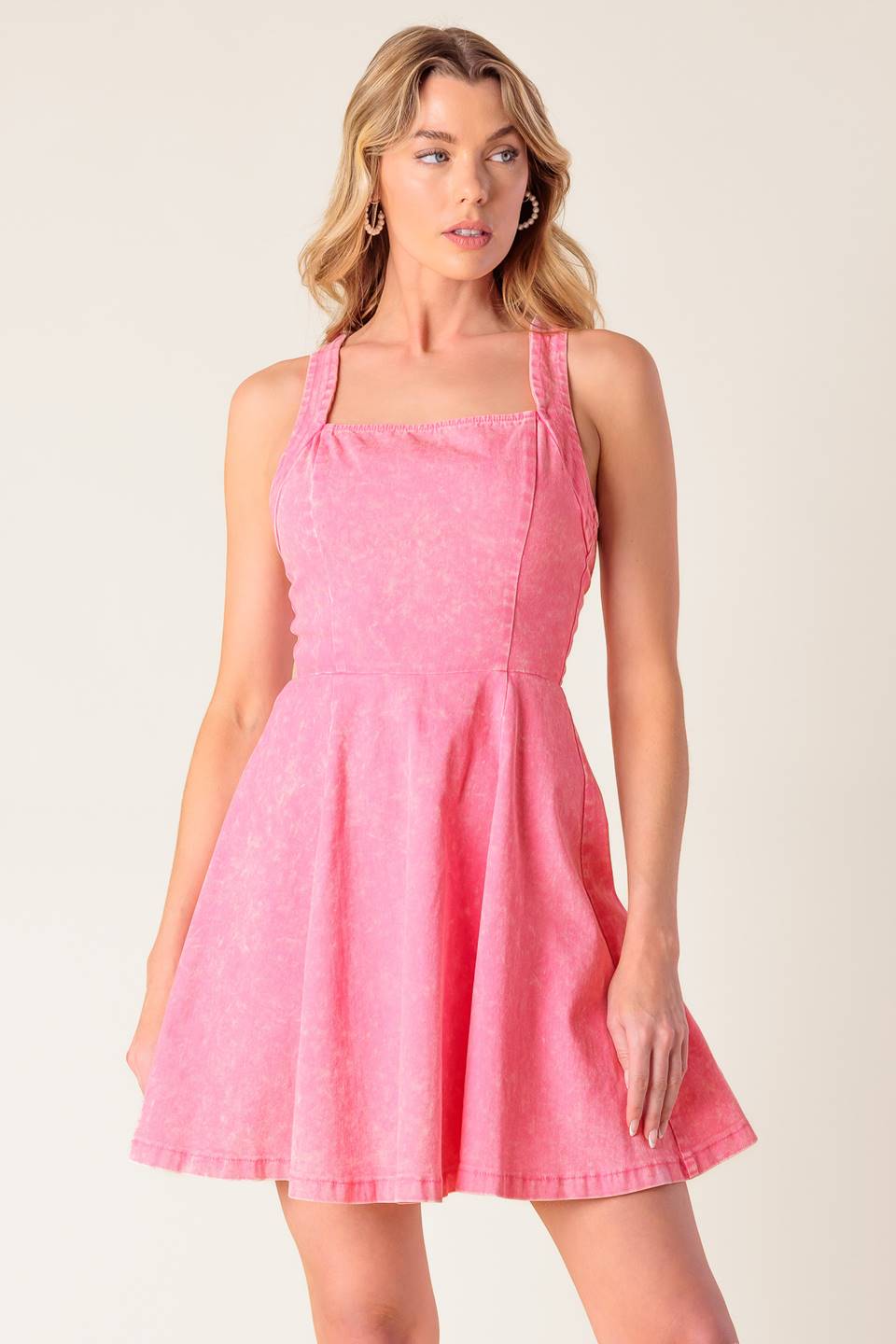 HIBISCUS PINK DENIM MINI DRESS-Vavasi