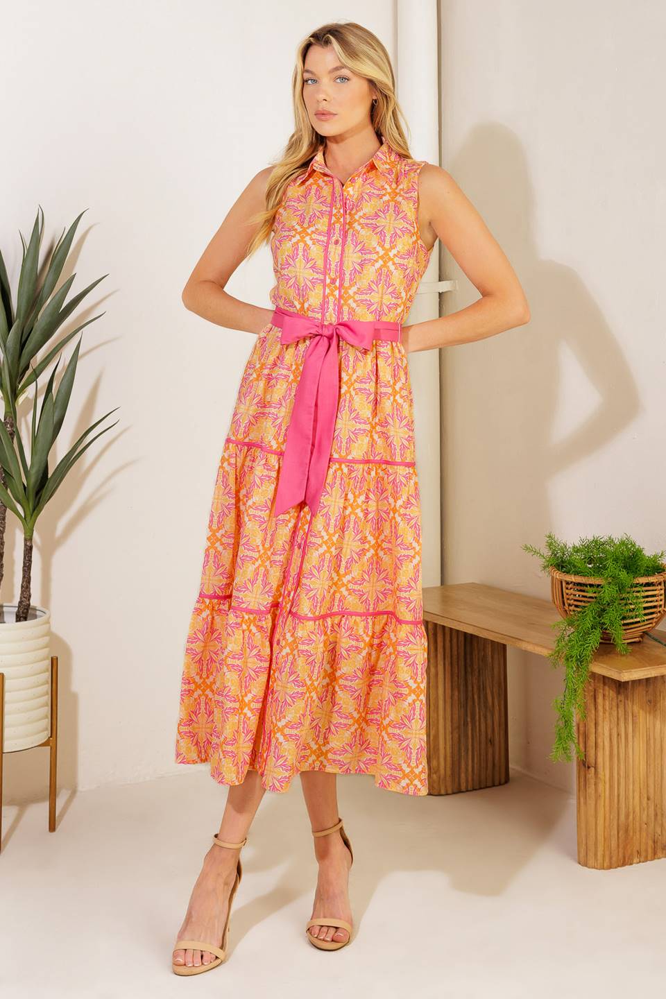Size Large, DAY IN THE PARK - ORANGE & PINK MIDI DRESS - FINAL SALE-Vavasi