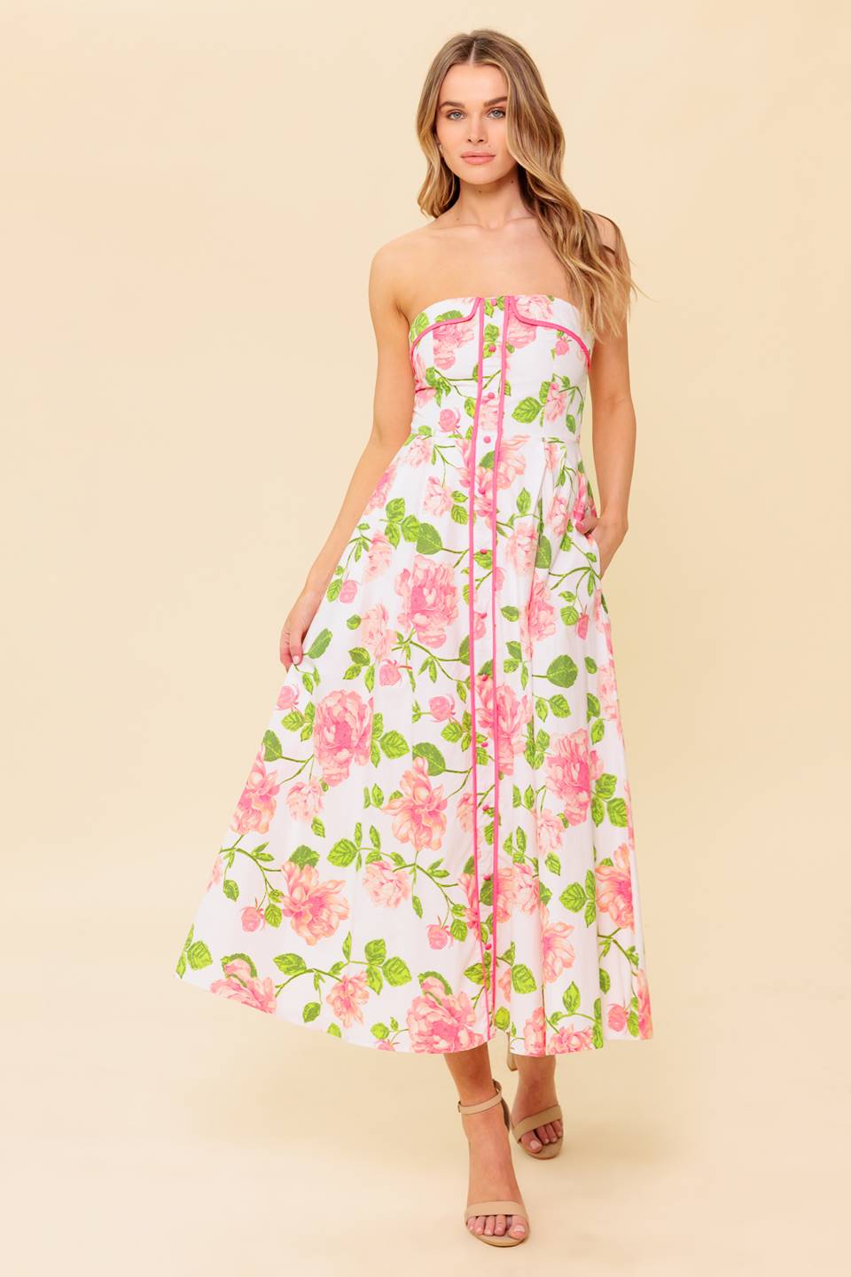 SUNDAY AFTERNOON - PINK FLORAL STRAPLESS MIDI DRESS-Vavasi