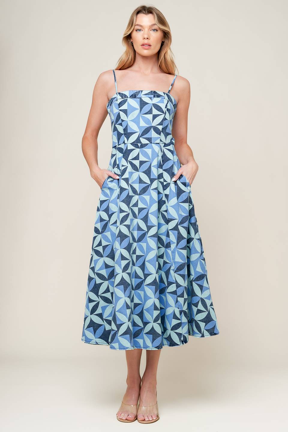 GWENNY - GEOMETRIC BLUE DENIM MIDI DRESS-Vavasi