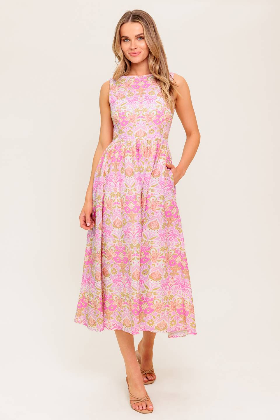 UNDER THE SUN - PINK MIDI DRESS WITH POCKETS-Vavasi